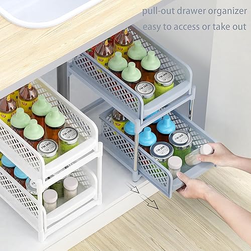 Miniatura 7 de CLBERNI Organizador y almacenamiento debajo del fregadero, organizador de armario extraíble de 2 niveles para baño, organizador de encimera para