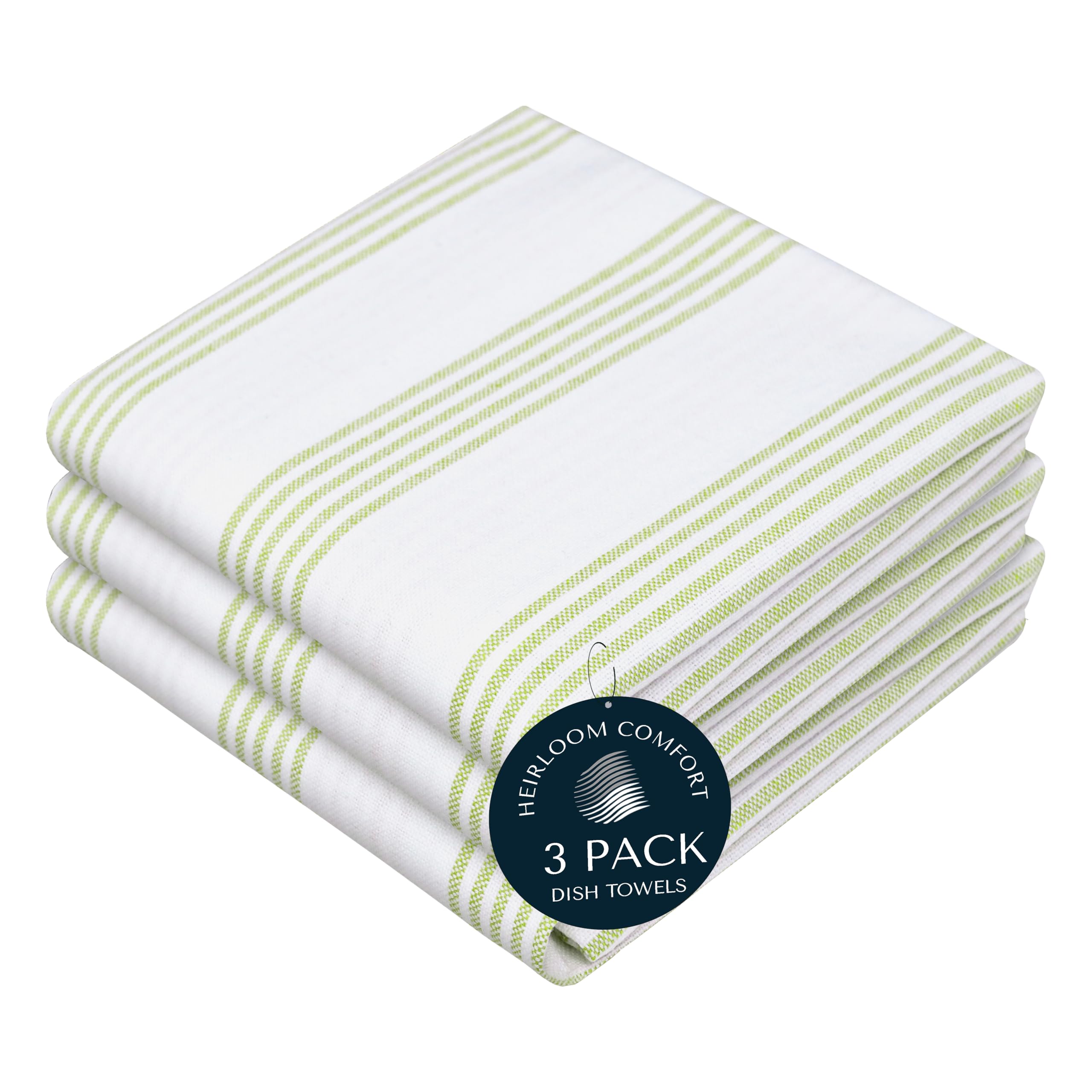 HEIRLOOM COMFORT Lemon Green Stripe Kitchen Towels (3 Pack), 100% Cotton, Multi Pin Striped