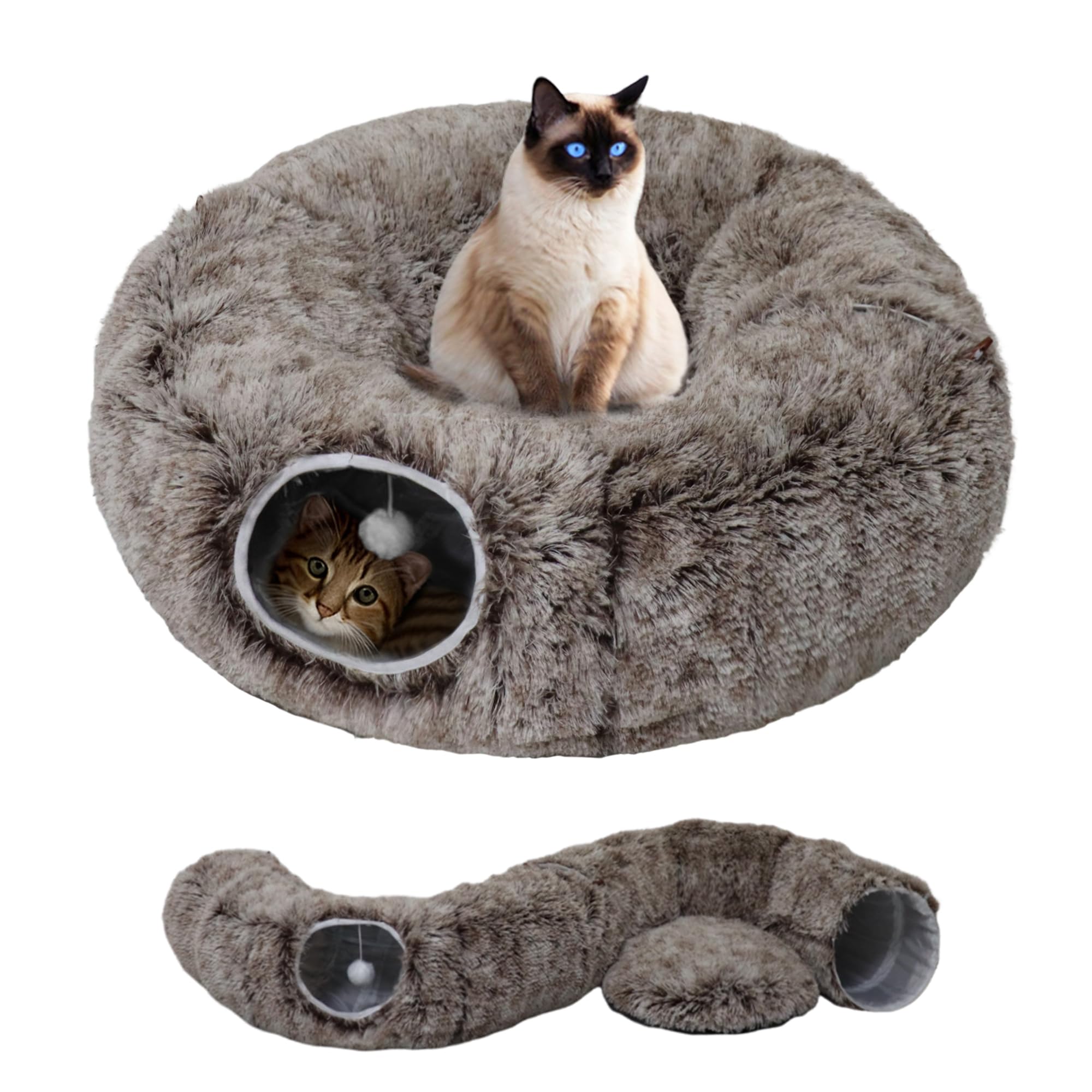 Cat Tunnel Bed for Indoor Cats with Washable Cushion Cat Cave Donut Tunnel with Fluffy Ball Big Round Tube Pet Playground Toys Soft Plush Peekaboo for