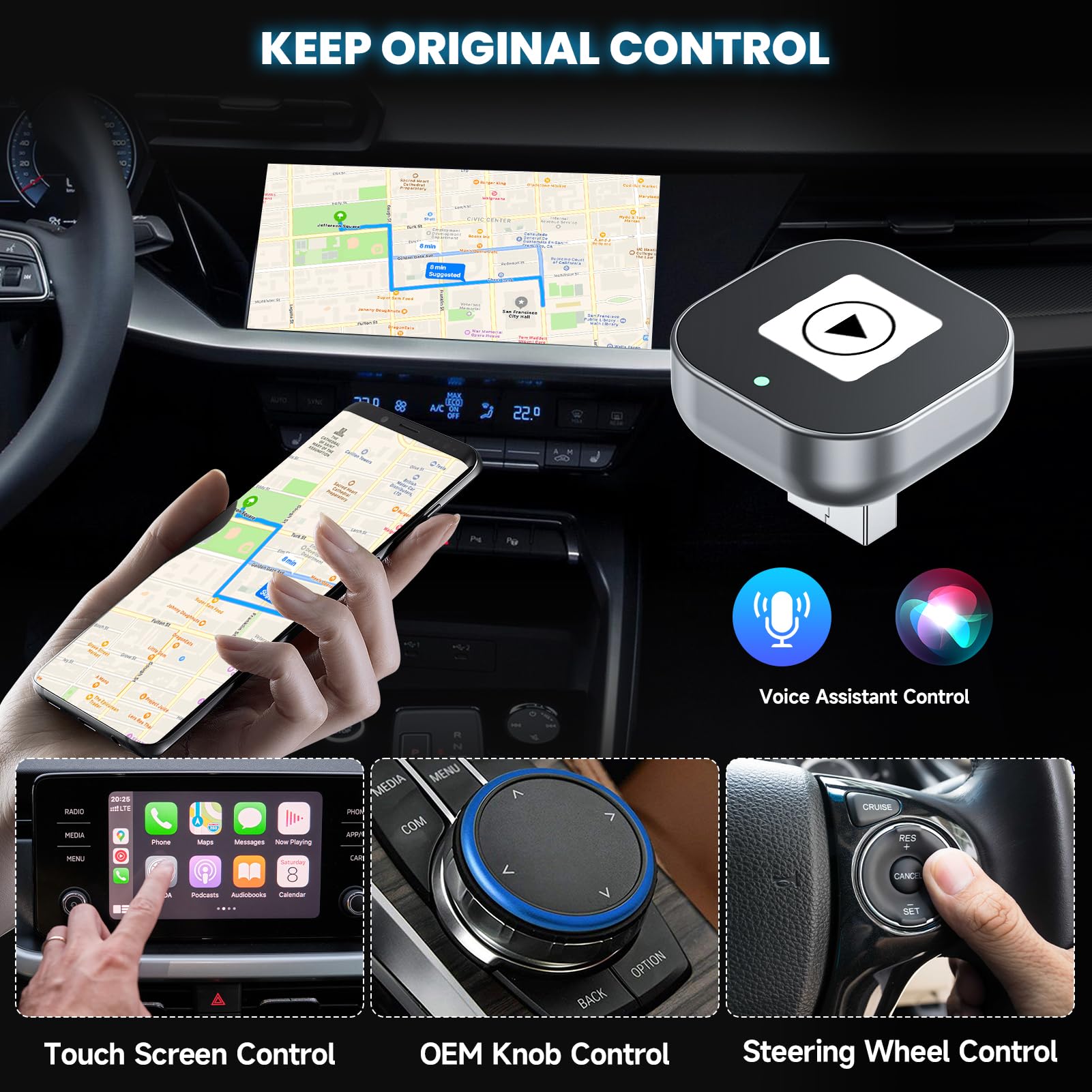 Spedal CL322 Adaptador Inalámbrico CarPlay y Android Auto, Mini USB CarPlay, Convierte Cableado a Inalámbrico, Plug & Play, Reconexión Automática, Compatible con iPhone 6+/Android 11+ (Coches 2016+)