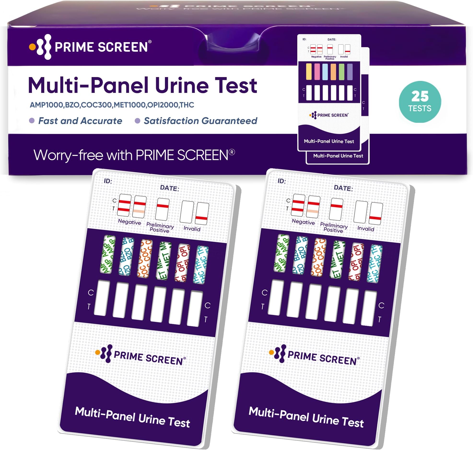 Prime Screen [25 Pack] 6 Panel Urine Drug Test Kit (THC-Marijuana, BZO-Benzos, MET-Meth, OPI, AMP, COC), WDOA-264