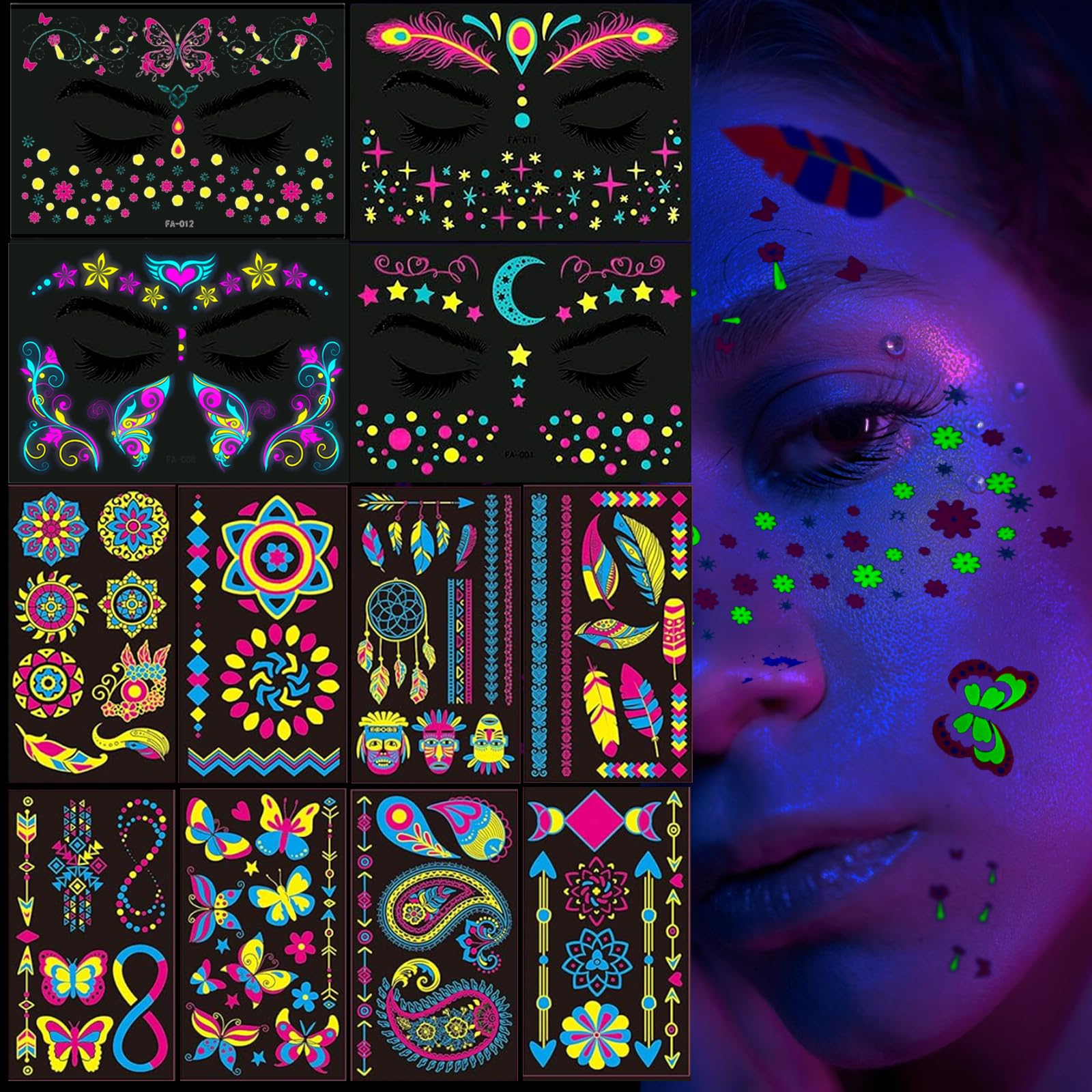 GEBETTER 12 Hojas Tatuajes Temporales Brillan Luz Negra Festival, 8* Calcomanías Cuerpo + 4* Pegatinas Cara, Tatoos Tattoos Tatus Brillantes Ultravioleta Fiesta Neón Maquillaje Fluo Adultos Niños