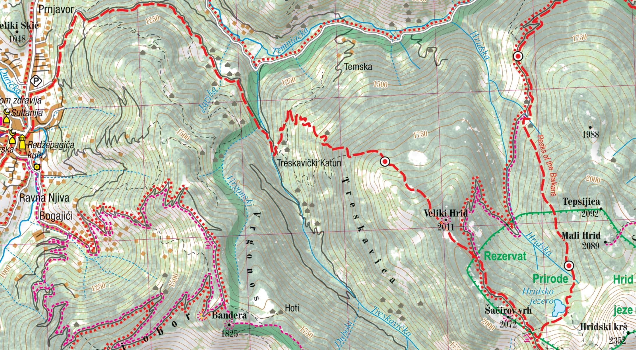 Montagnes du Monténégro. Durmitor, Bjelasica, Prokletije, Komovi 1/65.000 (carte grand format laminée; trekking tQ). Montenegro Mountains