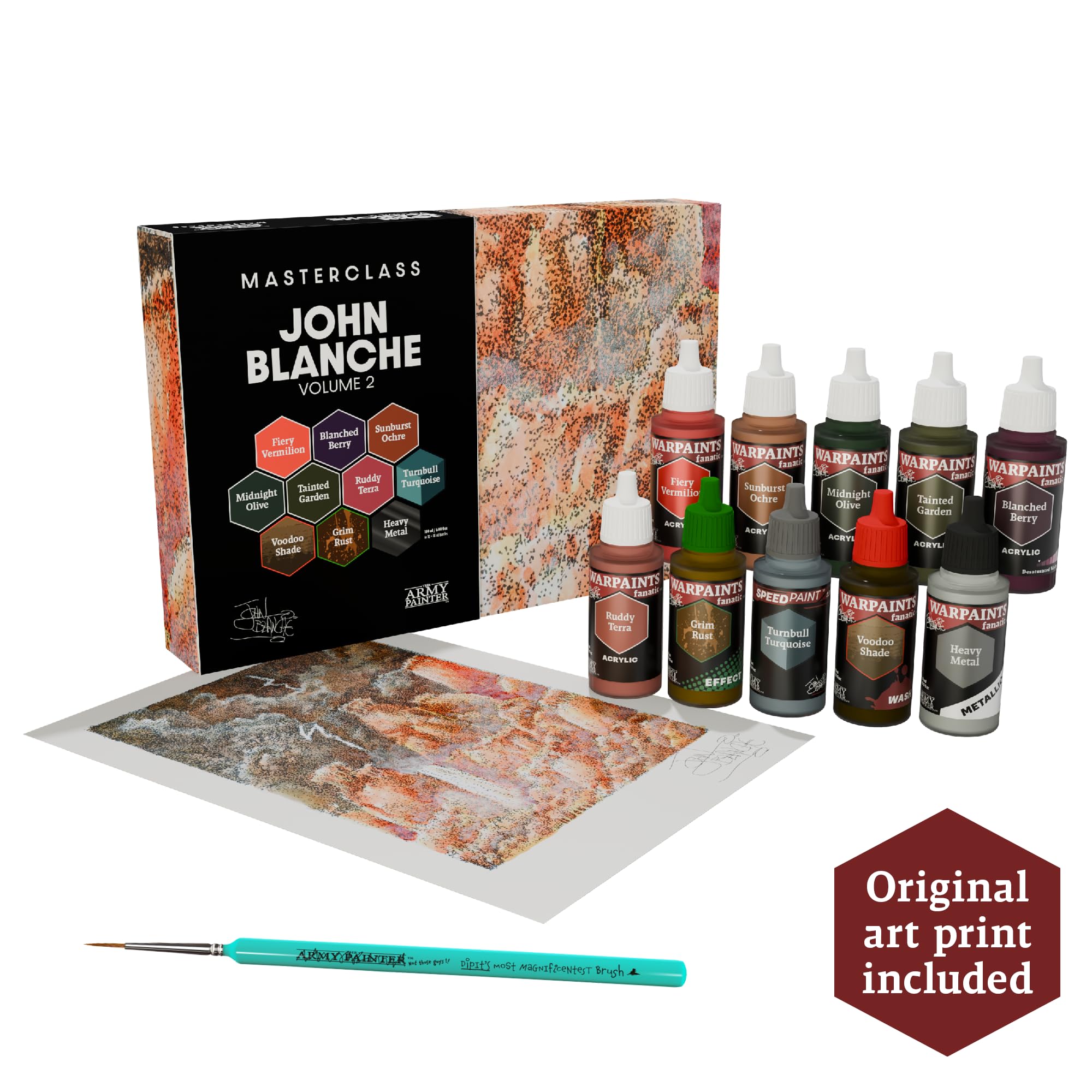 The Army Painter, Masterclass John Blanche Volume 2 Paint Set Combo, 6 Warpaints Fanatic Paints, 1 Speedpaint, 1 Wash, 1 Effect, 1 Metallic, 1 Art Print & Brush - Model Paint for Miniature Wargaming