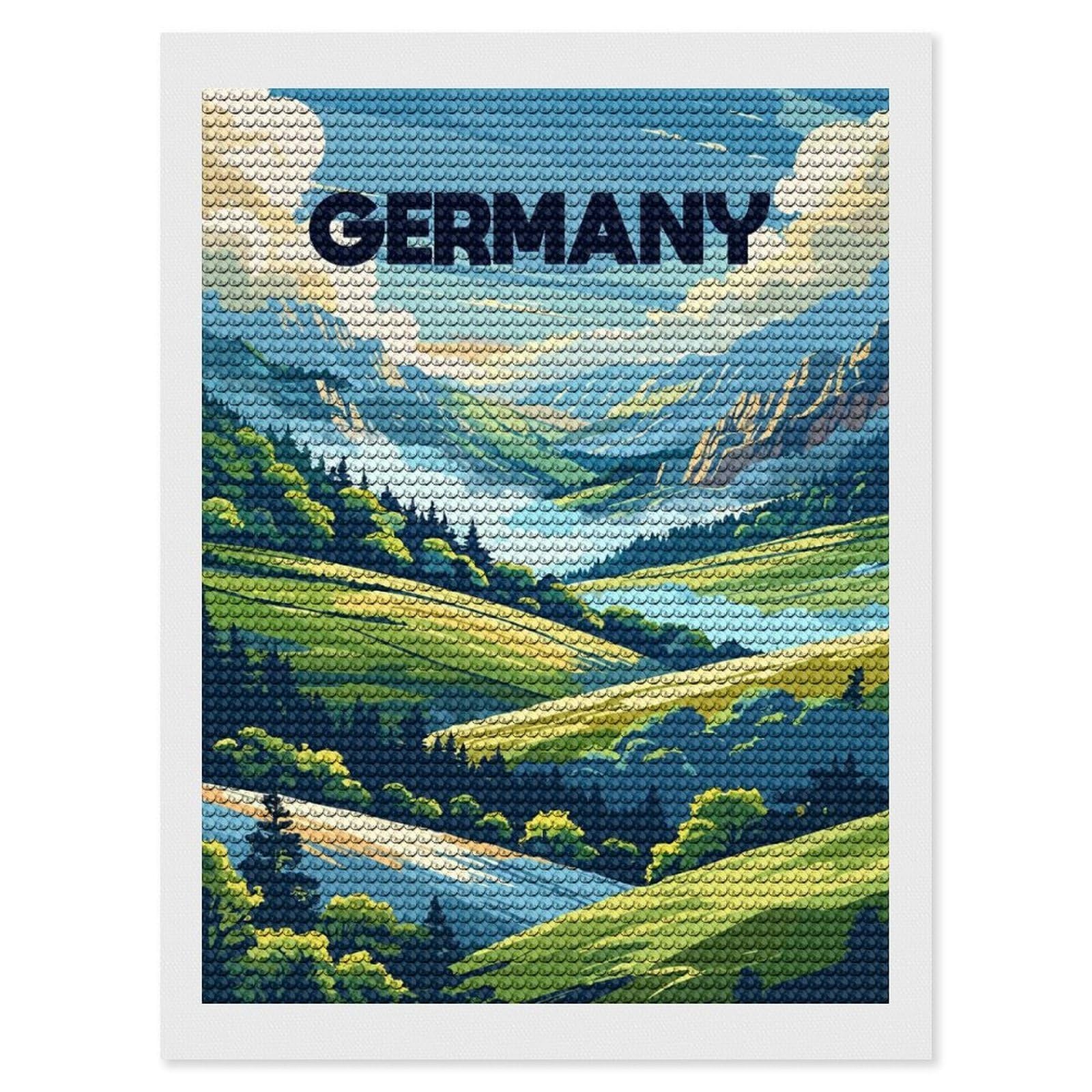 Junmoney Germany Landscape Illustration DIY Diamond Art Canvas Kit 12"x16", Adhesive Canvas, Easy to Enjoy, Farmhouse Decor, Festive Craft Gift