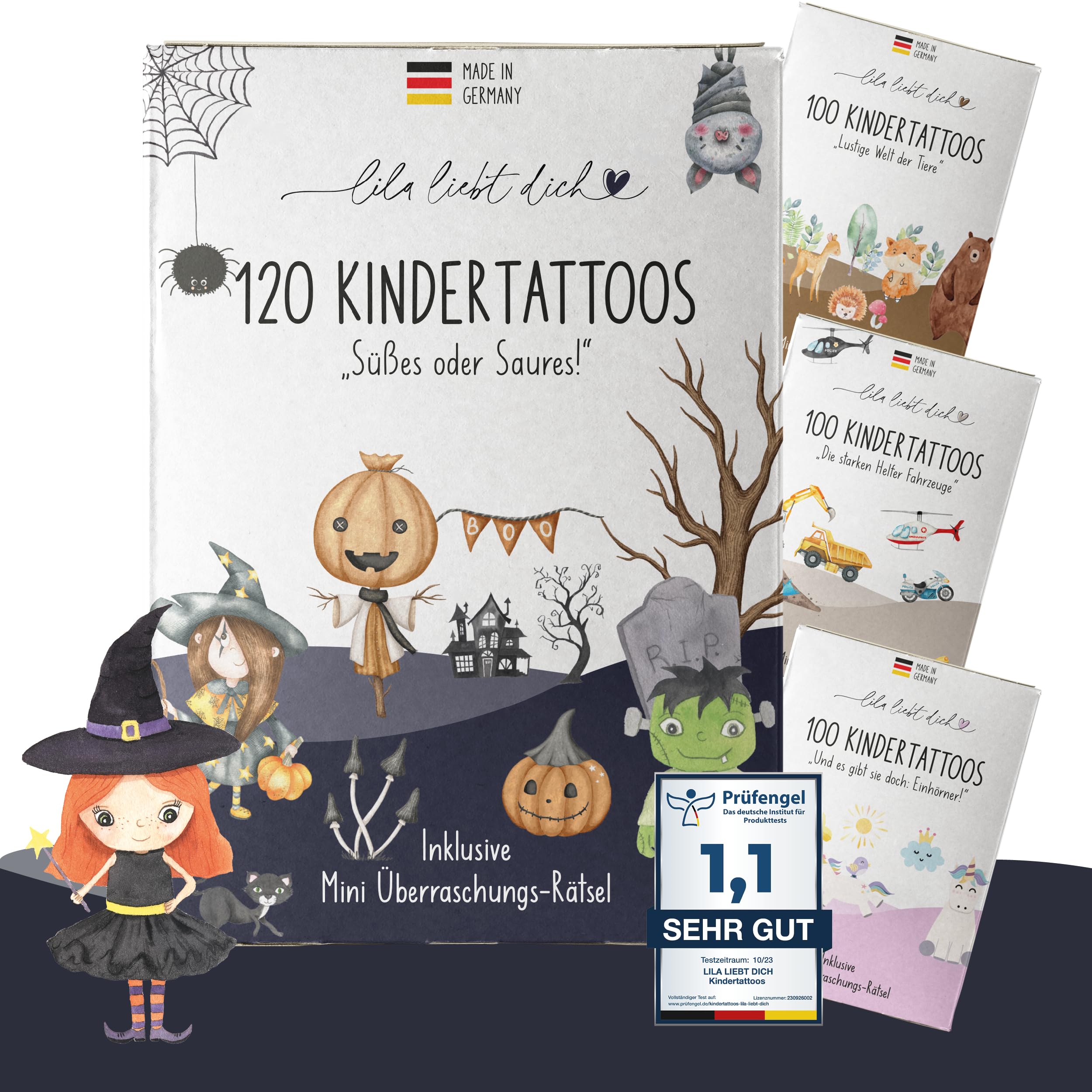 Lila liebt dich – Temporäre Halloween-Kinder-Tattoos, 120 Motive (6 Bögen)