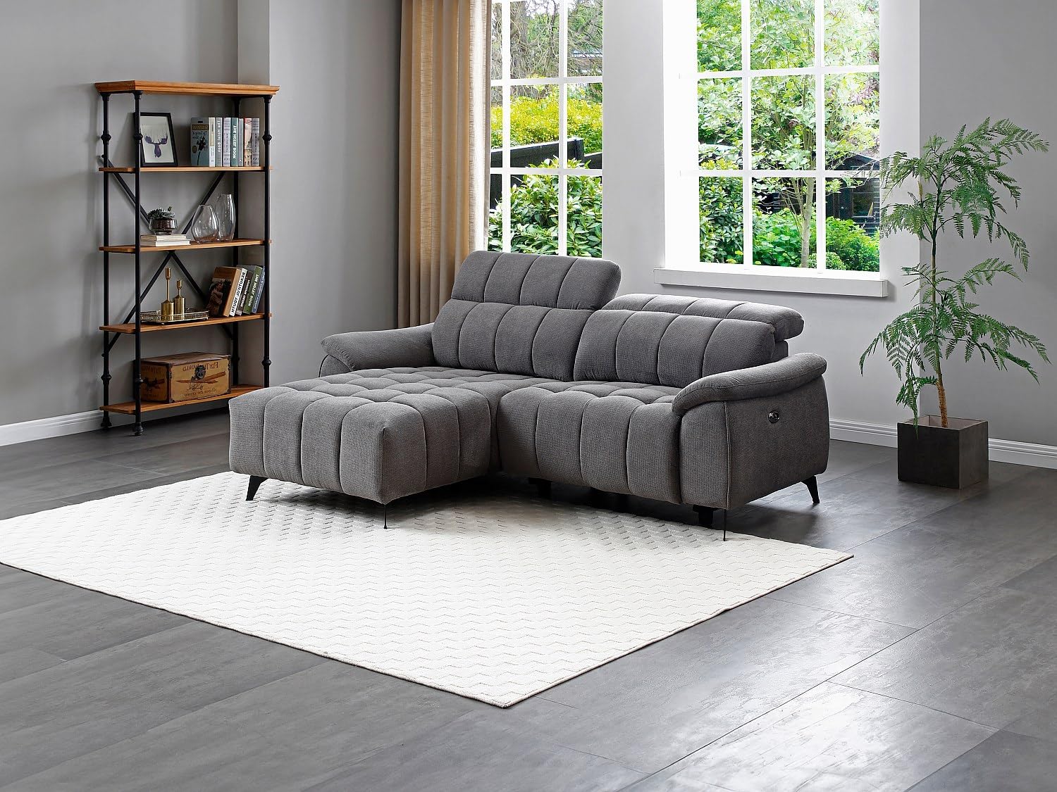 Vente-unique - Elektrisches Relax-Ecksofa links aus grauem strukturiertem Stoff CELTIMO