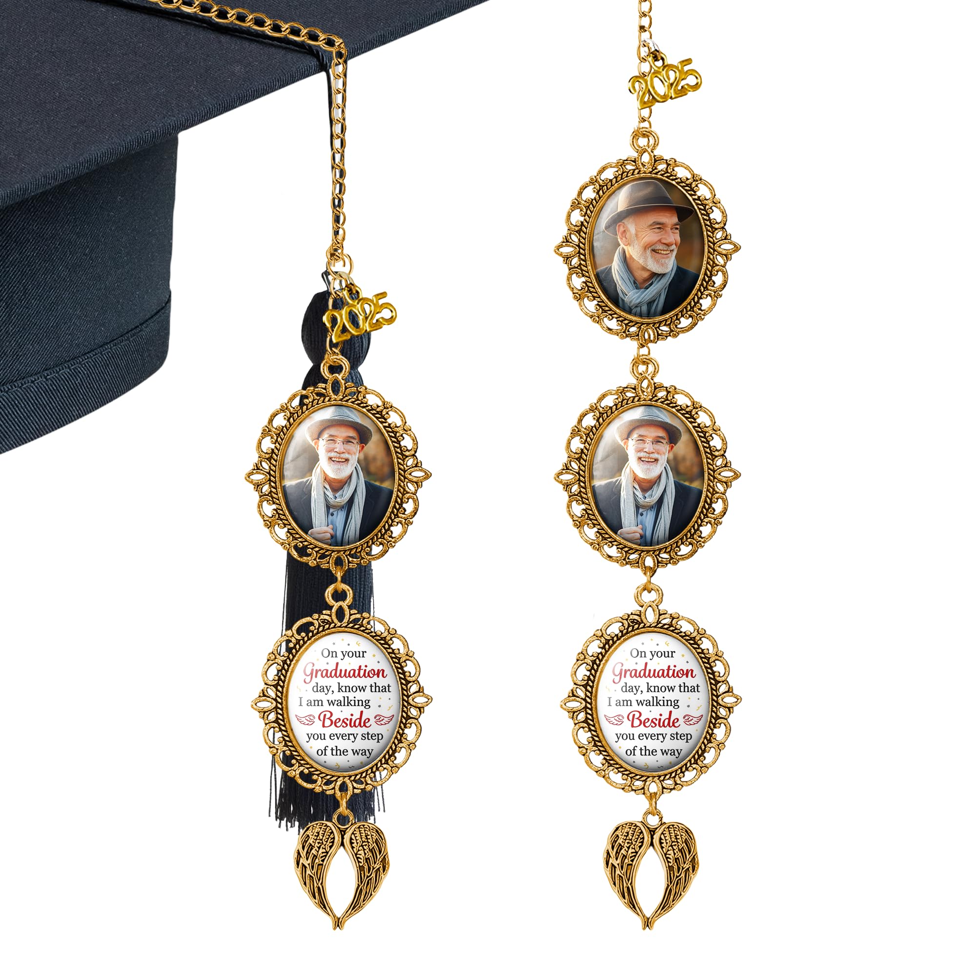 Joy Crafters Custom Photo Always Beside You, Personalized Memorial Graduation Tassel Photo Charm with Angel Wings, Class of 2025 Congratulations Gift, Grad Cap Decorations, Graduation Gifts