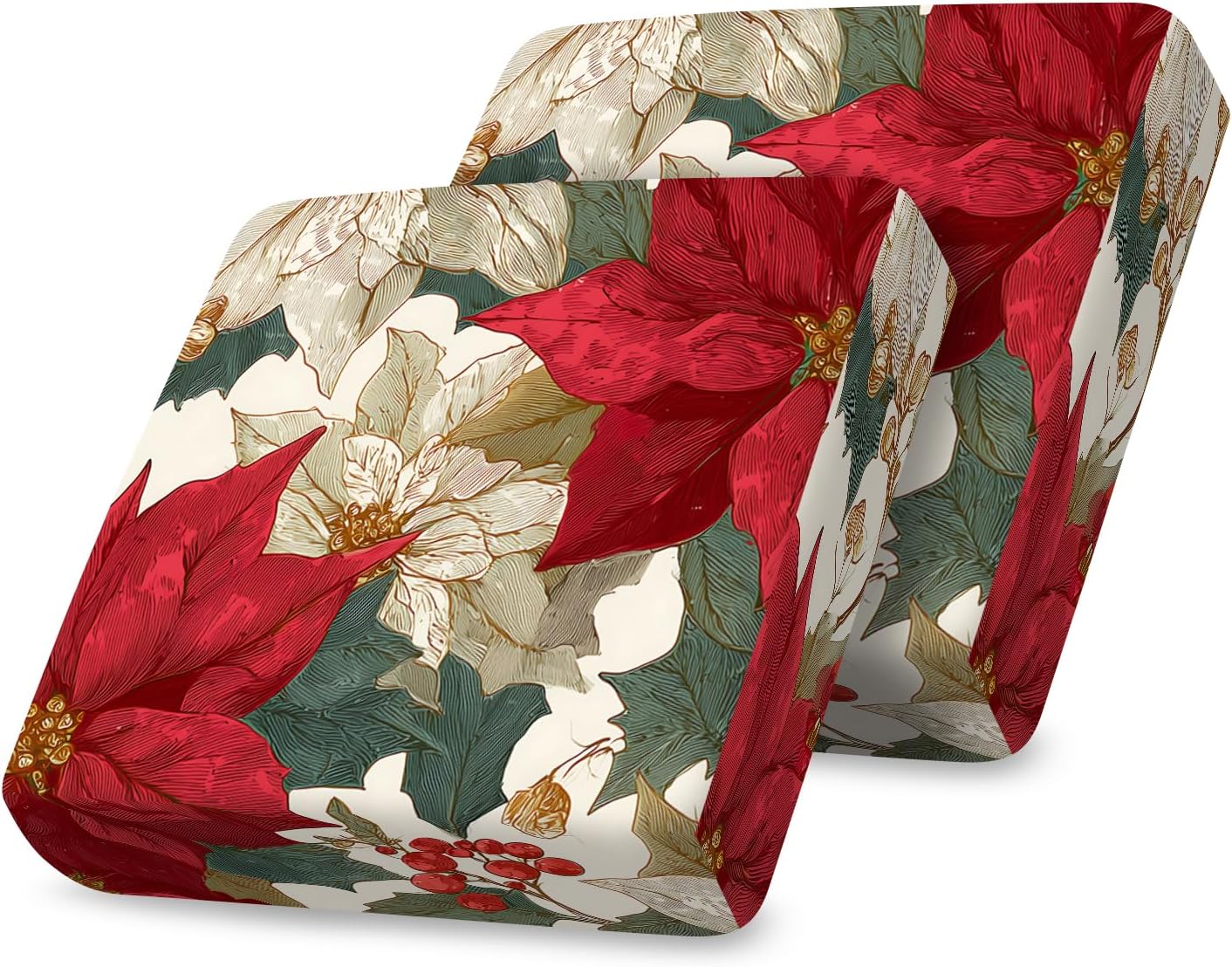 2Pcs Christmas Poinsettia Sofa Printed Couch Cushion Covers for Loveseat – Washable Stretchy Replacement Furniture Protector, Non-Slip Couch Cushion Cover Sofa Covers for Christmas Holiday Décor