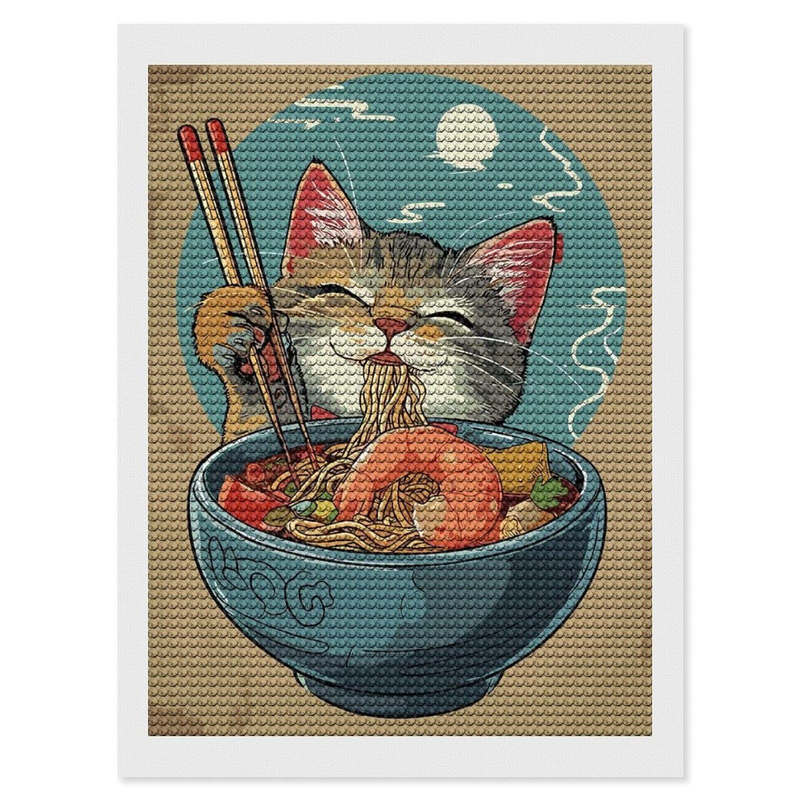 Junmoney Anime Cat Ramen Bowl Diamond Painting Canvas Set 12"x16", for Beginners, Complete Accessories, Christmas Gift, Modern Decor