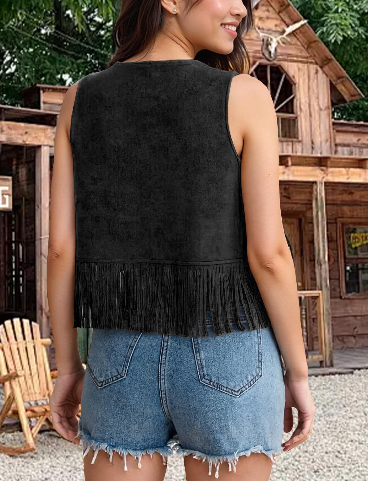 Maeau - Gilet Court en Daim Franges Femme Sans Manches Ouverte Style Années 70 Veste S-XXL