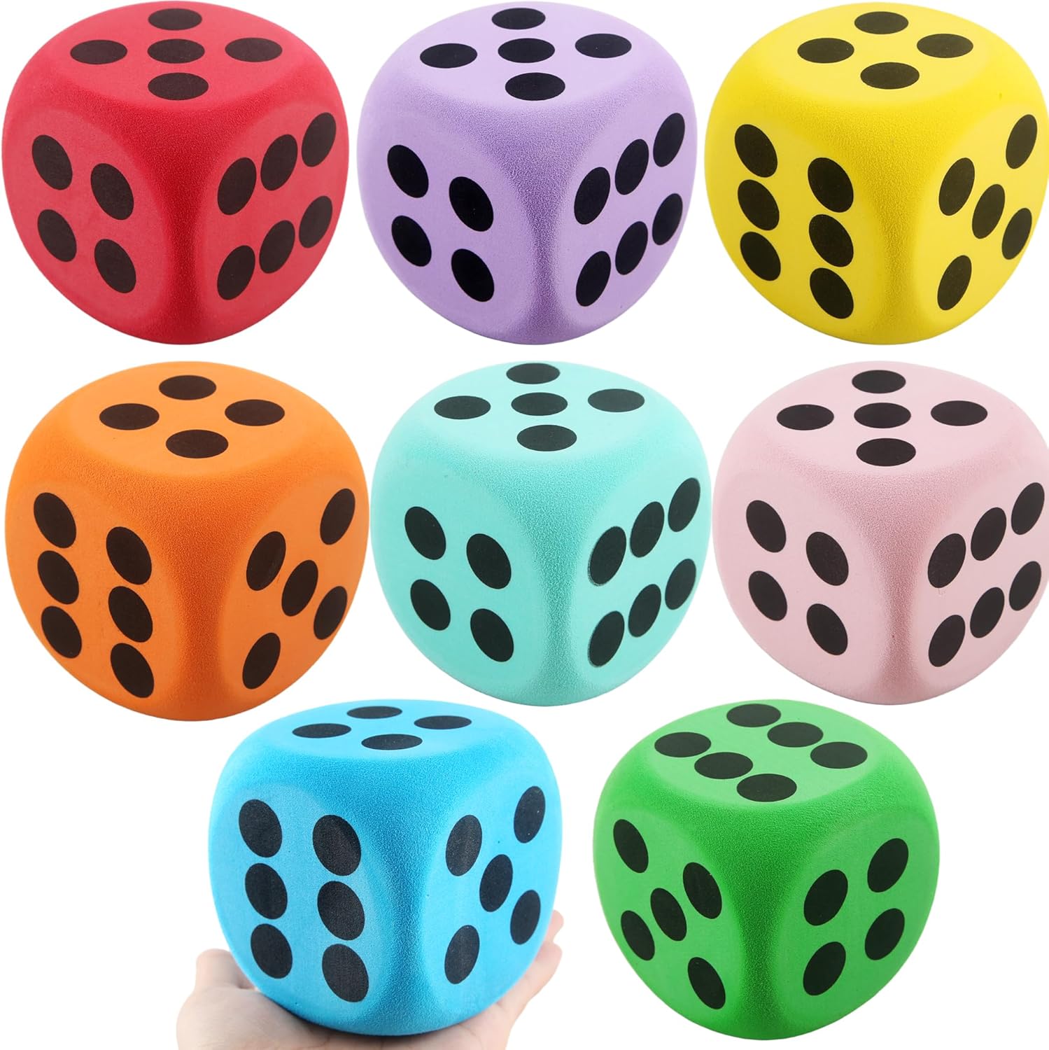 8 Pack 3.15 Inch Jumbo Dice Set Colorful Soft EVA Foam Dice Large Rounded Edge Dice for Classroom Learning Casino Games Party Math Activities, 8 Colors