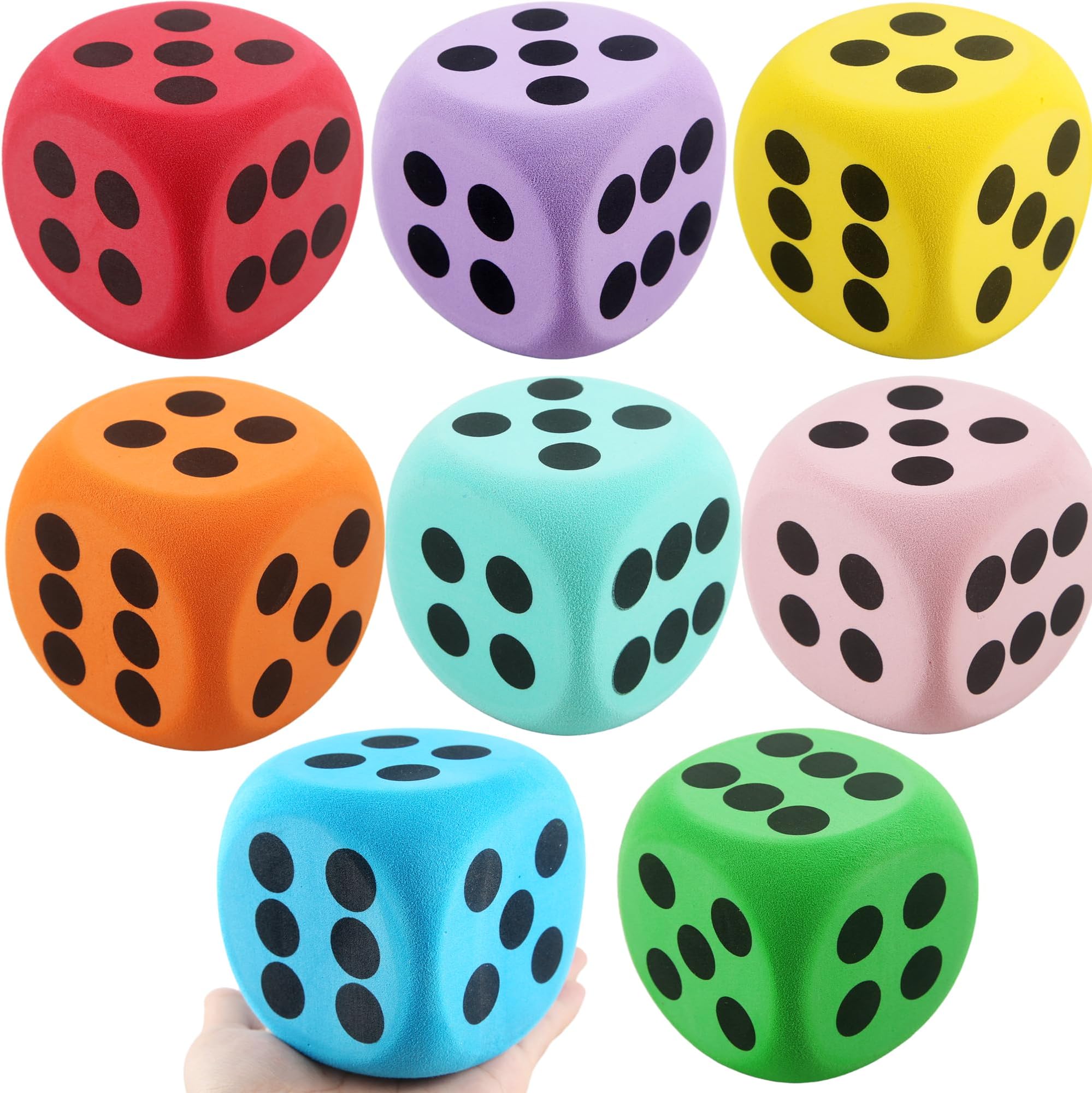 8 Pack 3.15 Inch Jumbo Dice Set Colorful Soft EVA Foam Dice Large Rounded Edge Dice for Classroom Math Learning Casino Games Party Favors, 8 Colors