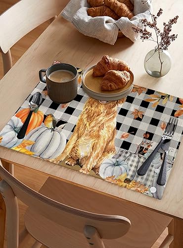 Miniatura 2 de Juego de 6 manteles individuales de otoño con diseño de calabaza, cosecha de otoño, para perro, juego de 6 manteles individuales lavables para mesa