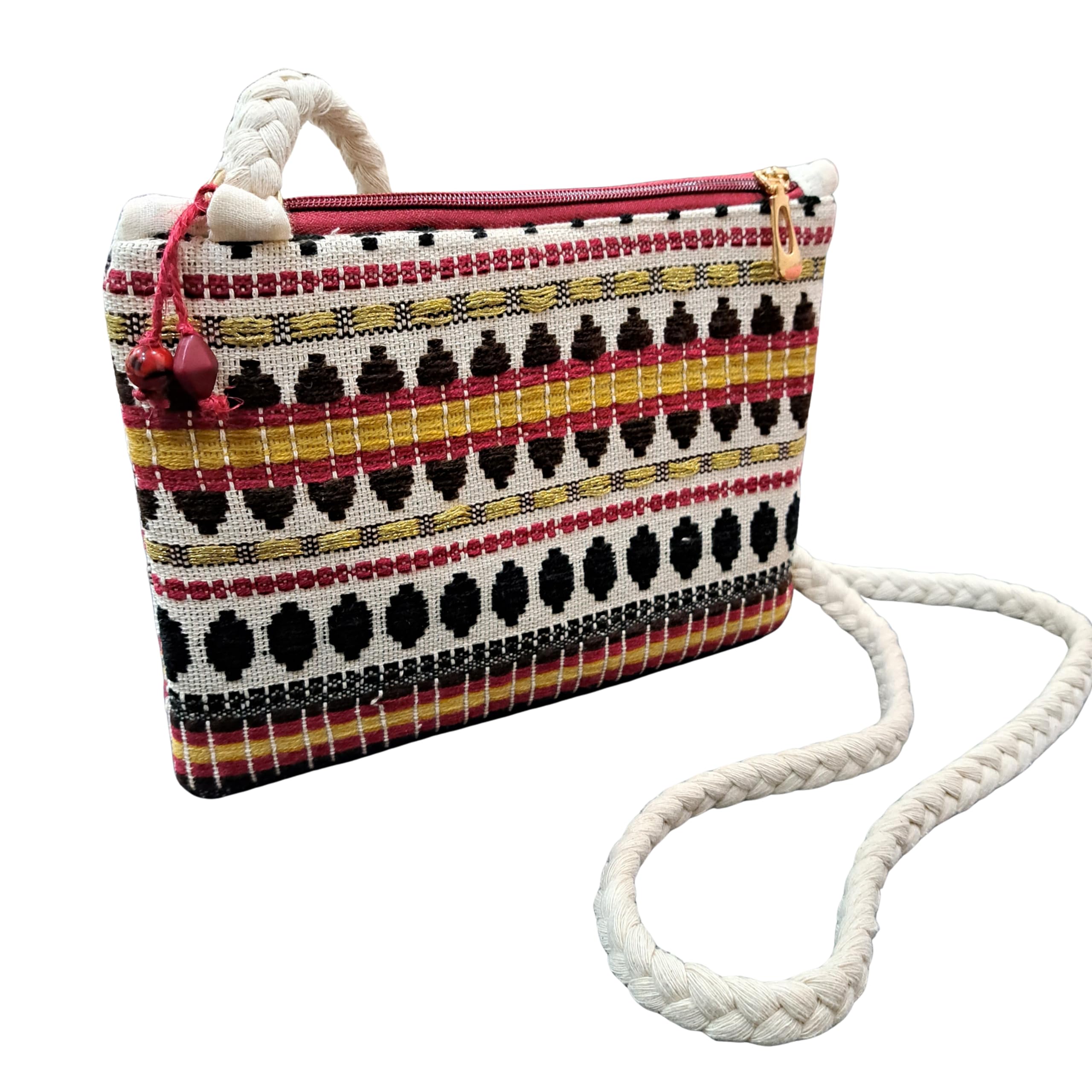 Handcrafted Fabric Sling Bag for Girls & Women | Long Braided Strap (48–50”) | Lightweight Crossbody Pouch with Zip & Decorative Dangler | Ethnic & Casual Wear-image-38