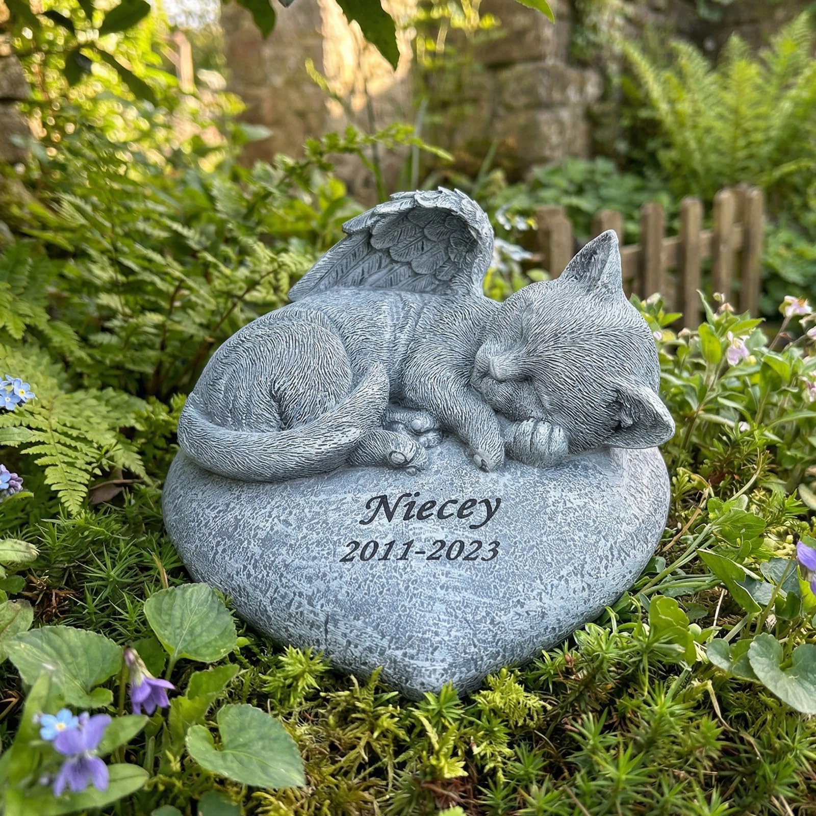 Hoyutoma Personalized Cat Memorial Garden Statue, Angel Design, Pet Grave Marker with Engraved Name and Date
