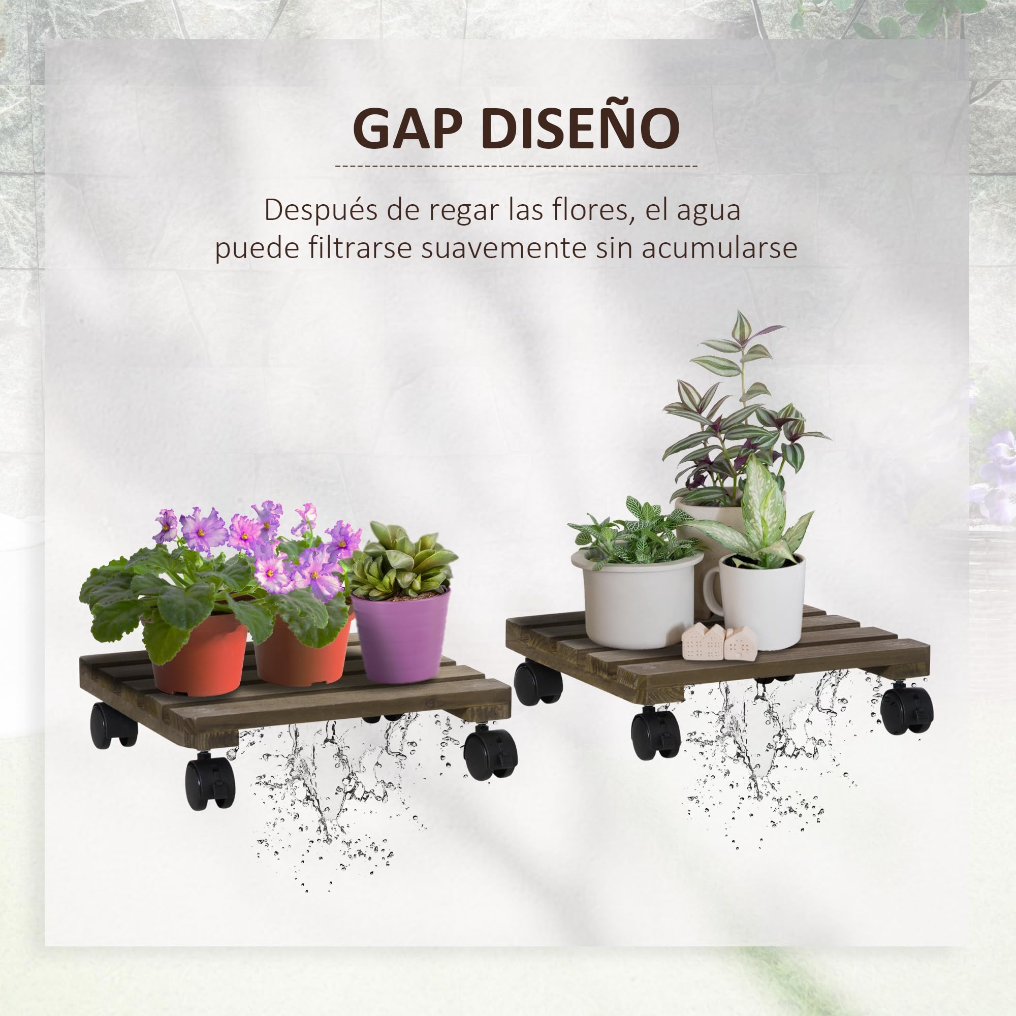 Outsunny Pack de 2 Plataformas con Ruedas de Madera 50 kg Marrón Oscuro | Soportes para Plantas con Ruedas 360 ° Giratorias Bloqueables, Bases para Macetas, Exterior, Interior, Jardín