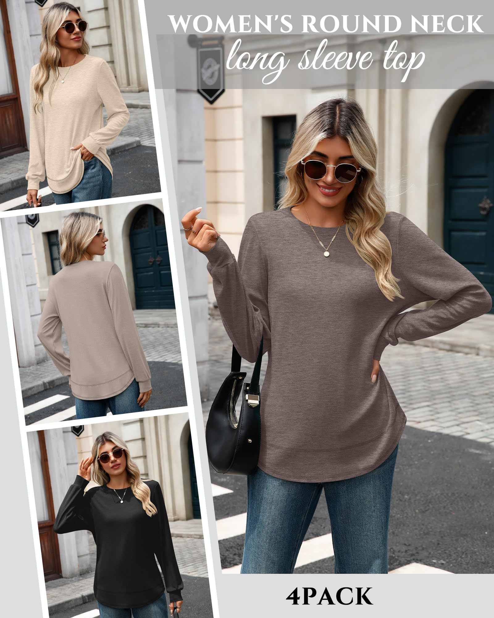 4 Pack Women's Long Sleeve Shirts, Crew Neck Cotton Tees Curved Hem Tunic Pullover Sweatshirts Knit Loose T-Shirts