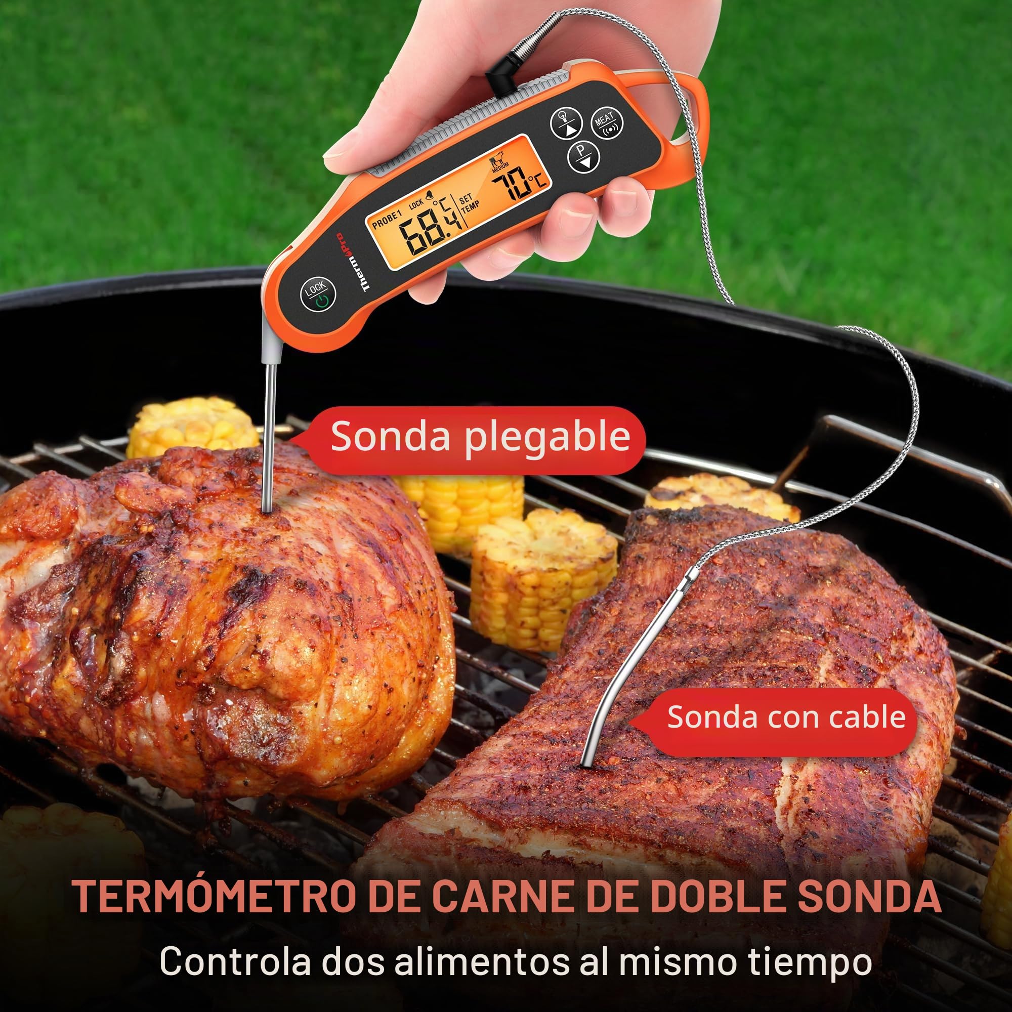 ThermoPro TP710 Termómetro de Cocina de Lectura Instantánea para Alimentos, Termómetro para Carne Impermeable 2 en 1 con Sondas Duales y Pantalla de Temperatura Dual para Horno