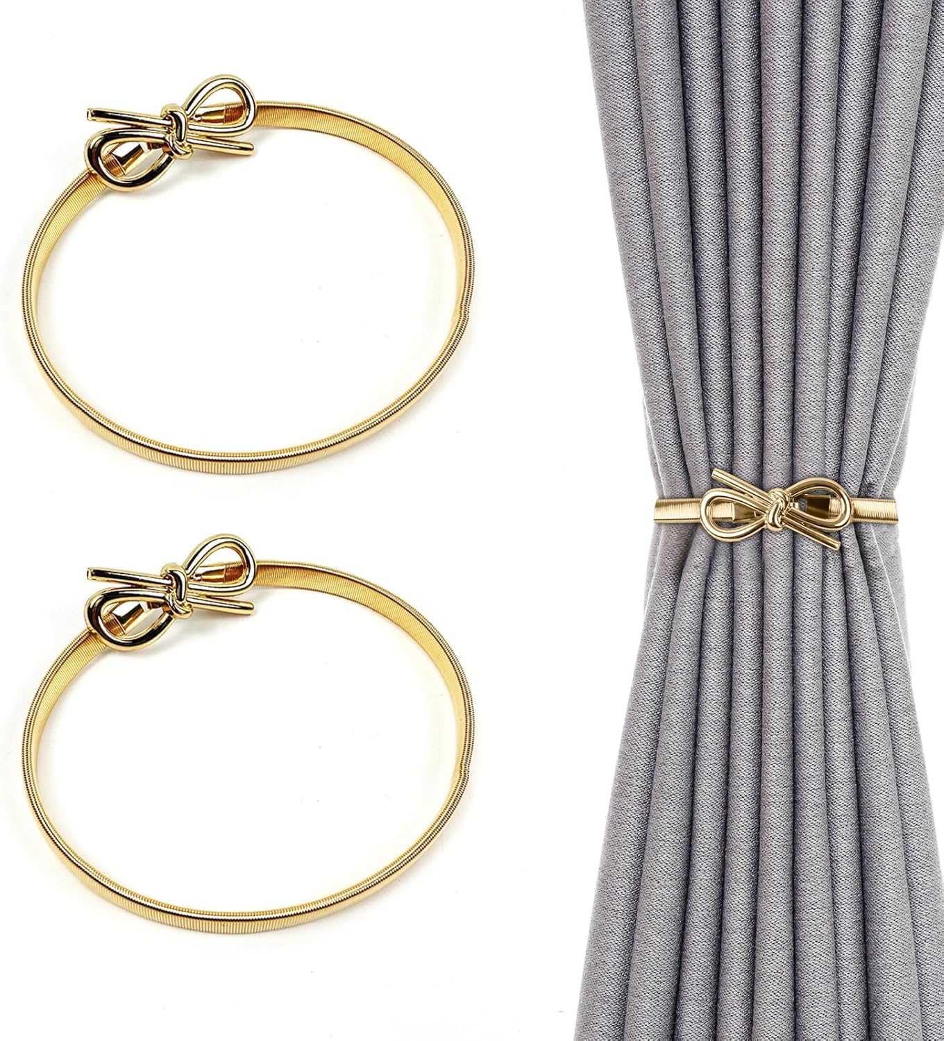 Curtain Hold Backs for Curtains Shiny Metal Curtain Tiebacks Engraving Design Curtain Buckle Set of 2 Window Curtain Holdbacks Elegant Gold Holders for Home and Office Window Decoration (Gold, Bow)