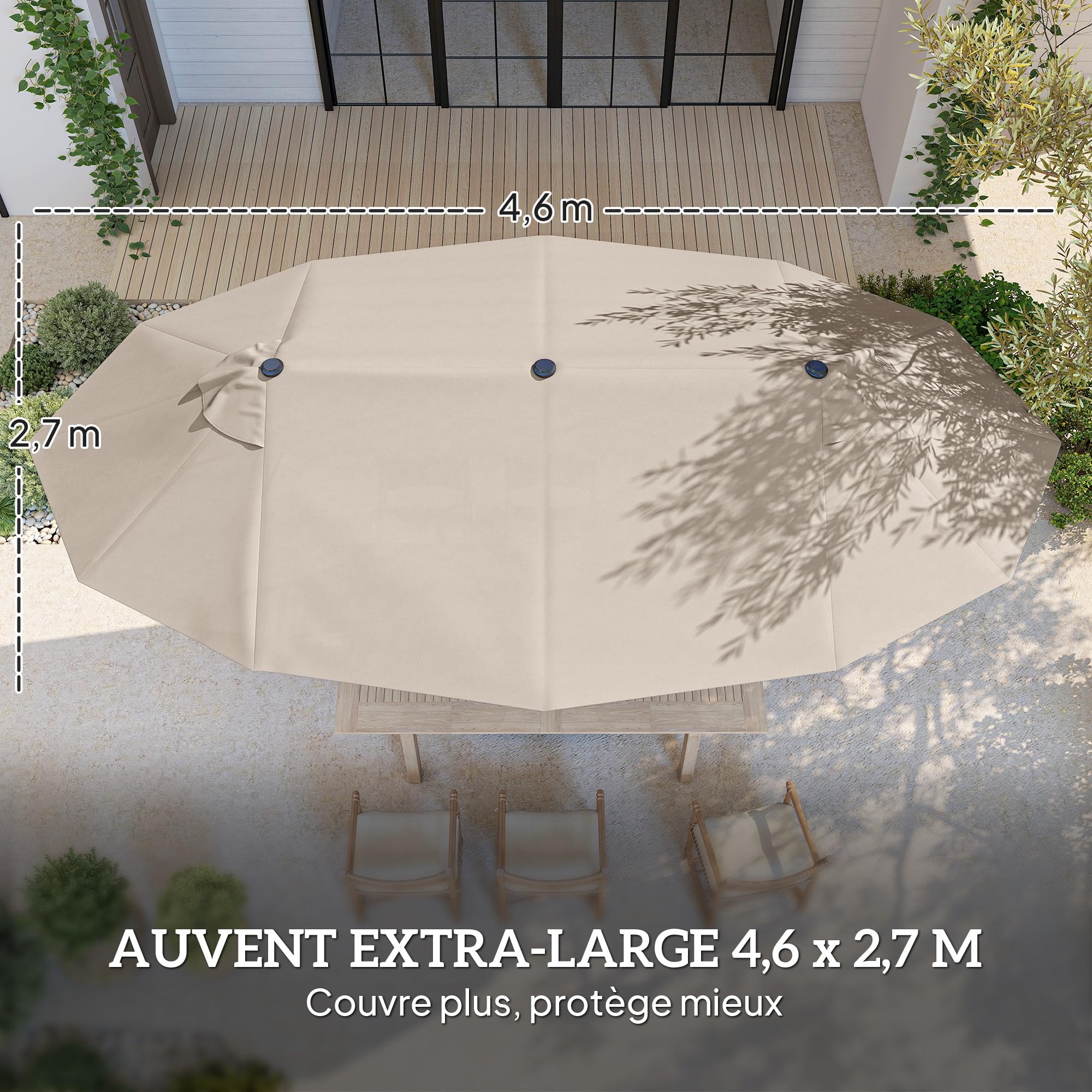 Outsunny Parasol de jardin exterieur Double 4,6L x 2,7l x 2,4H m Kaki
