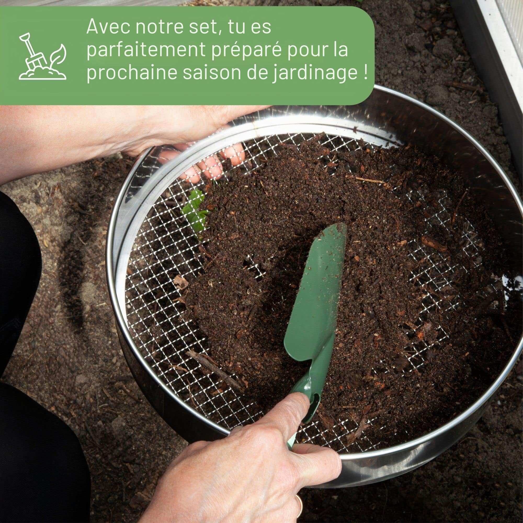 Tamis de jardin rond 30 cm avec 5 tamis interchangeables - tamis à compost en acier inoxydable pour la terre, le compost, les graines - pelle de jardin incluse