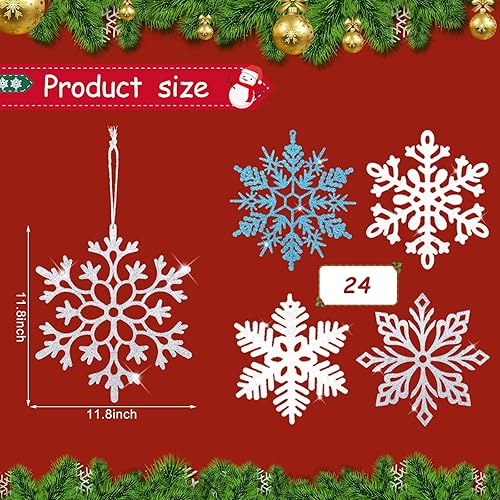 Miniatura 2 de Cindeer 24 adornos grandes de Navidad con copos de nieve de 12 pulgadas, adornos de copos de nieve gigantes para decoración de invierno, árbol de