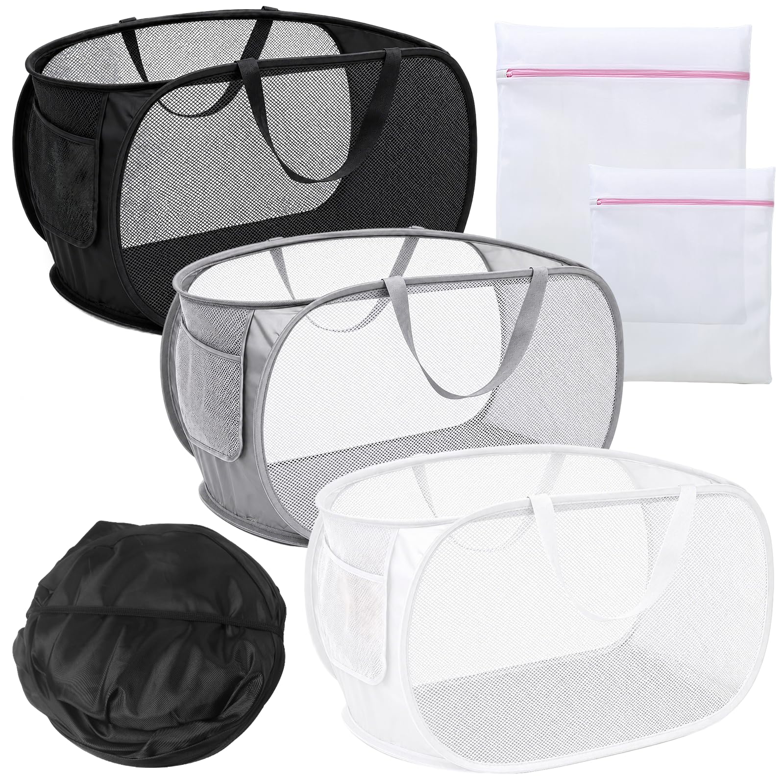 3 Pack Collapsible Laundry Baskets,Foldable Mesh Laundry Washing Basket,Laundry Pop up laundry basket with Handles,Laundry Hamper with Side Pocket for Bathroom,Bedroom Clothes Basket(Black+Grey+white