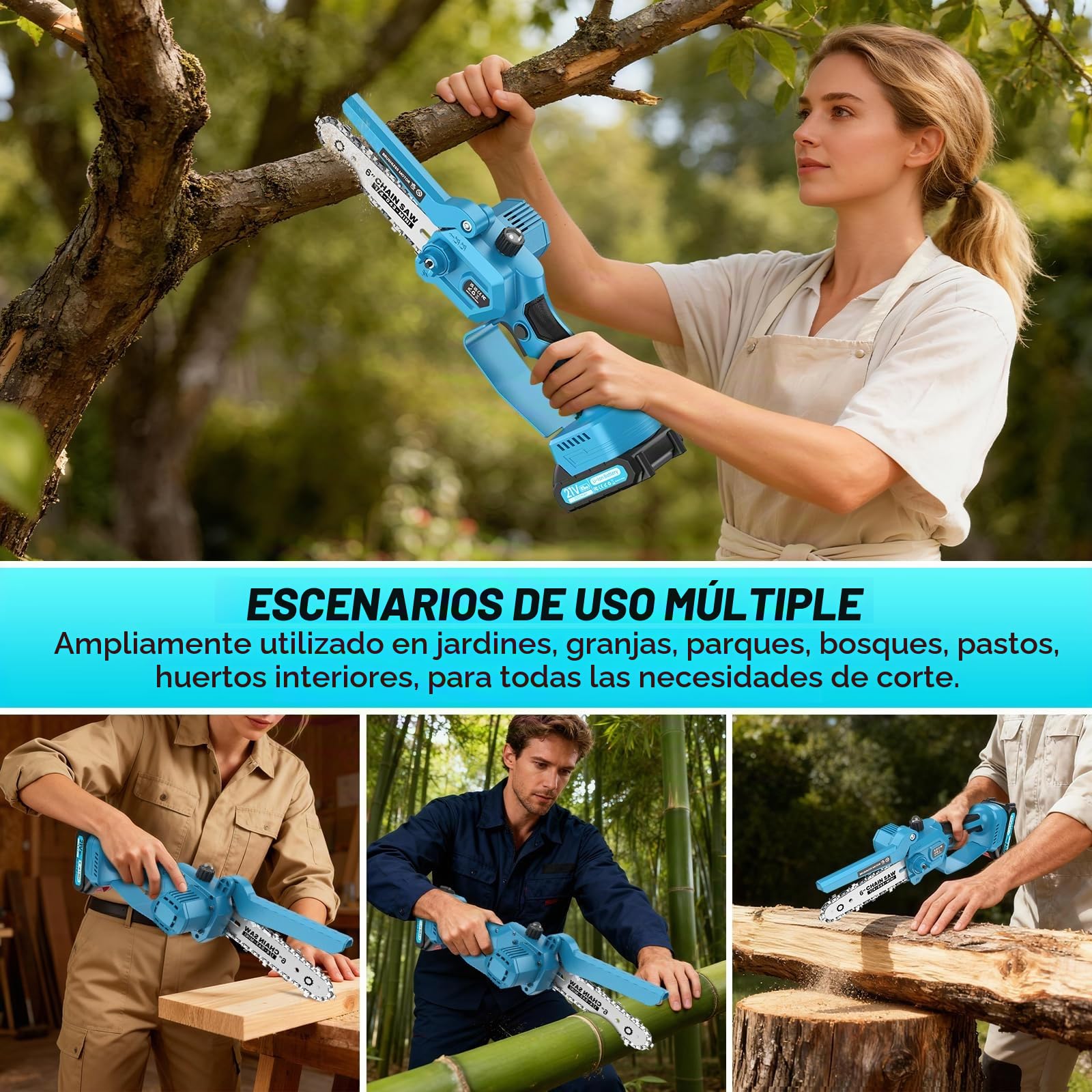 Motosierra Bateria, Motosierra Eléctrica, Con Motor Sin Escobillas De 1000w, 2 Baterías De 2000 Mah, Equipado Con Dispositivo De Repostaje Automático y Cadenas Dobles, Adecuada Para Huertos y Jardines