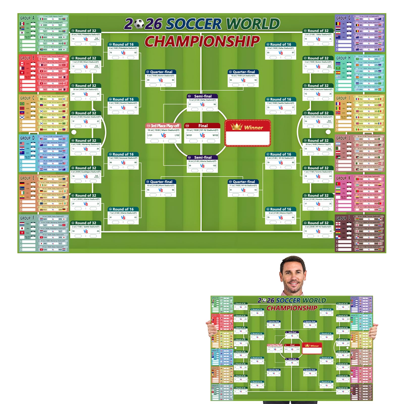 Tierong 2026 World Cup Schedule Poster,Soccer Tournament Poster, Party Decorations Matches Wallchart （39.4×25.6 inch ）