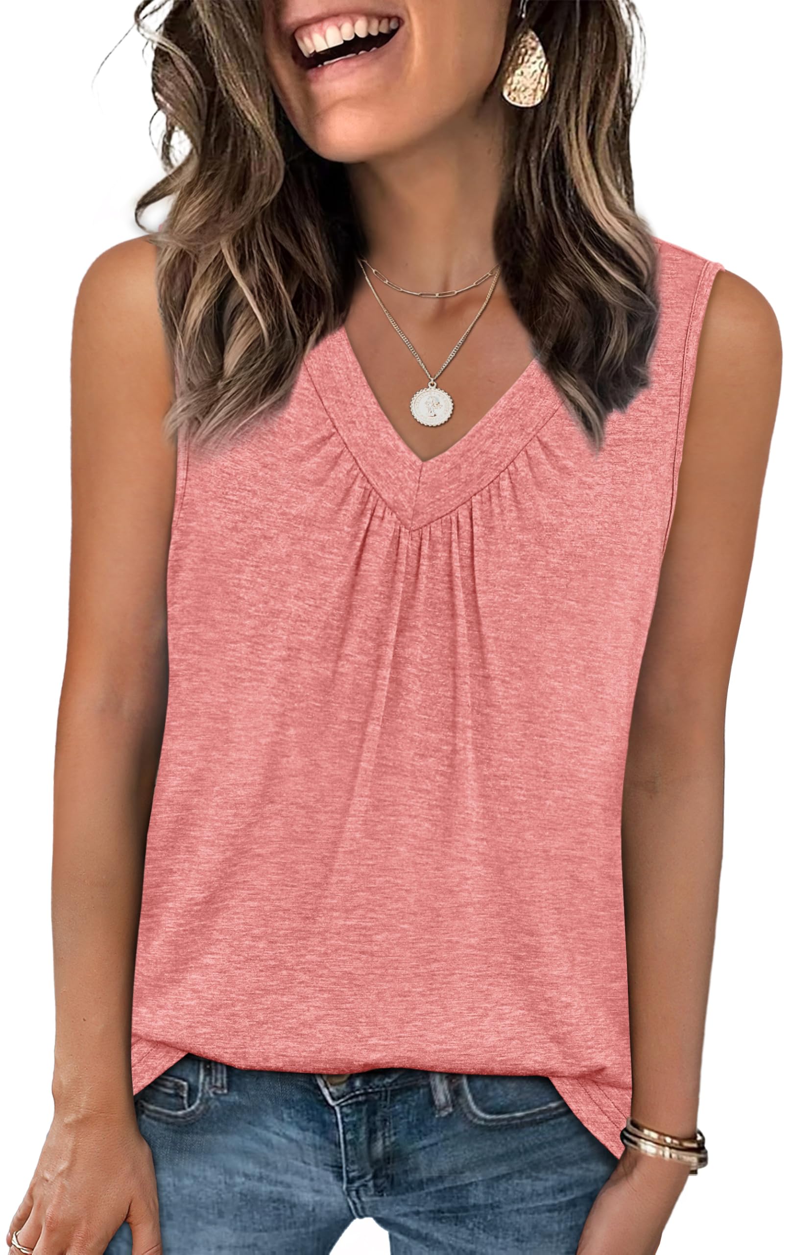 OFEEFAN Tank Top for Women Loose Fit Sleeveless Shirts V Neck Summer Clothes Ruched Womens Tees and Tanks