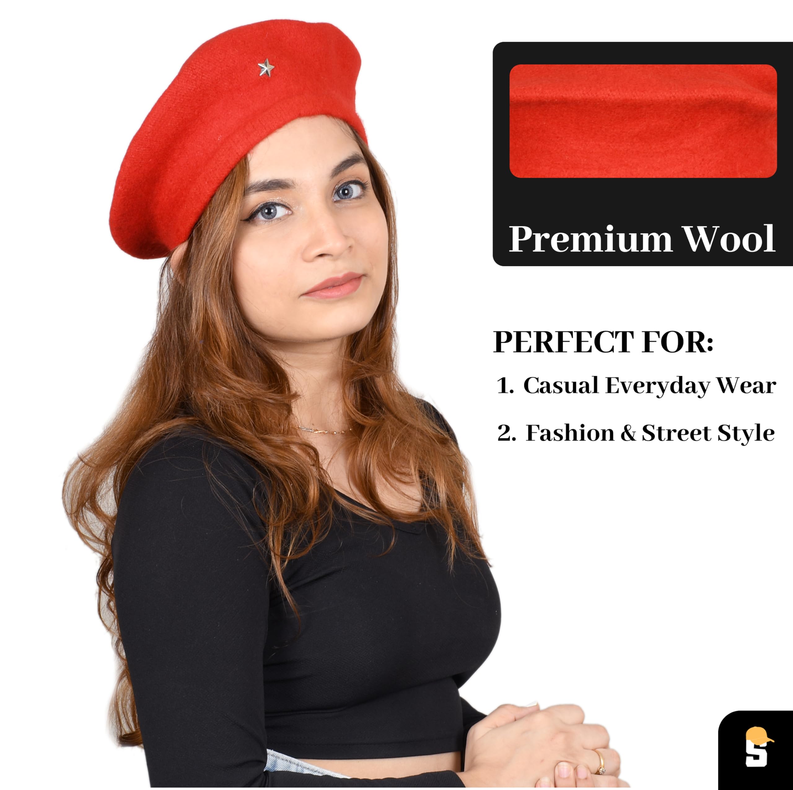 SOUL eTHICS Women's Premium Wool Blend French Artist Beret Cap - Stylish, Warm & Classic - Elegant Winter Beanie Hat for Girls & Ladies -Free Size (in, Alpha, Free Size, Red, Star) - Image 3 thumbnail