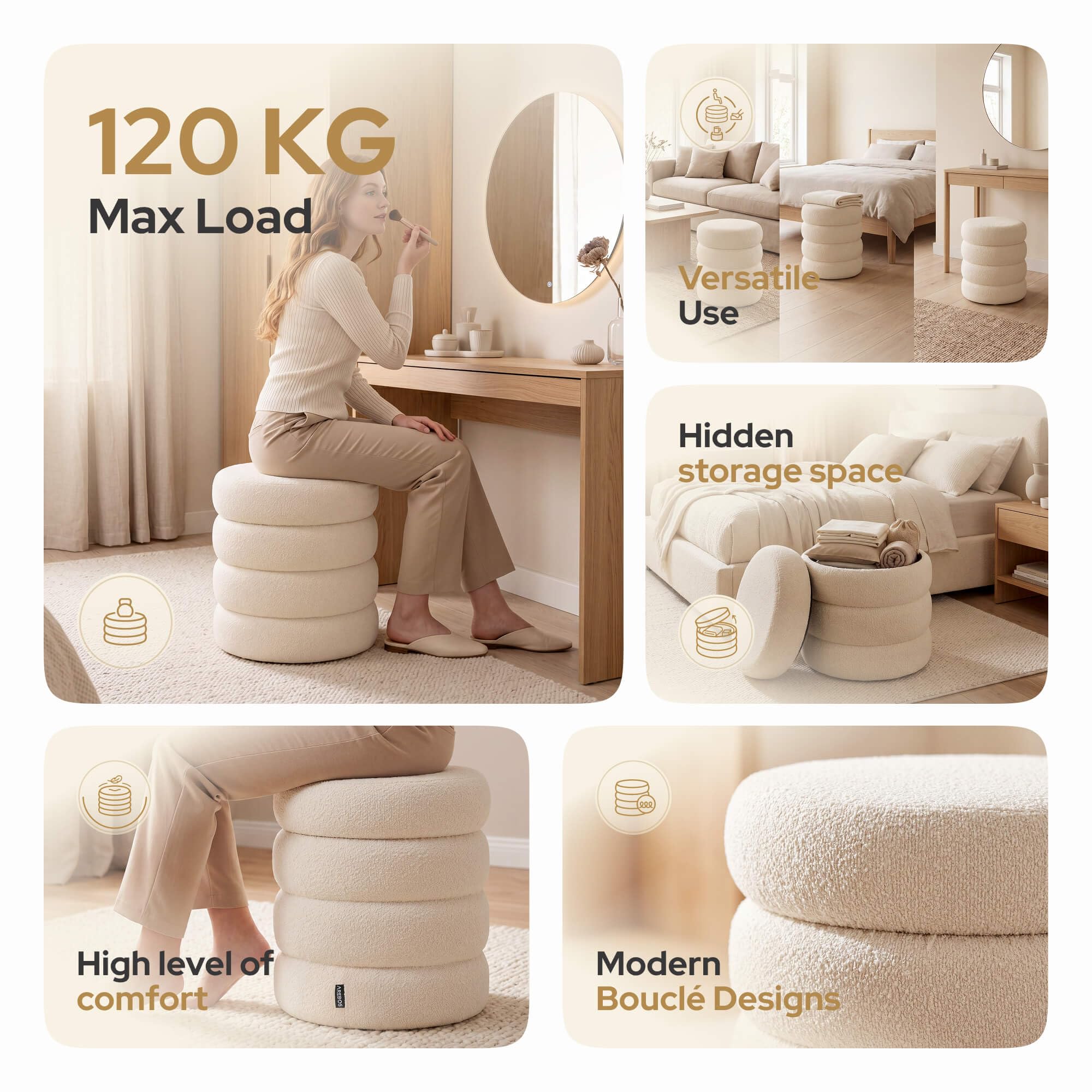 AREBOS Pouf contenitore Ø42 cm | Bouclé | Pouf imbottito | 120 kg | Pouf rotondo con coperchio rimovibile, morbido tessuto bouclé e pratico vano portaoggetti
