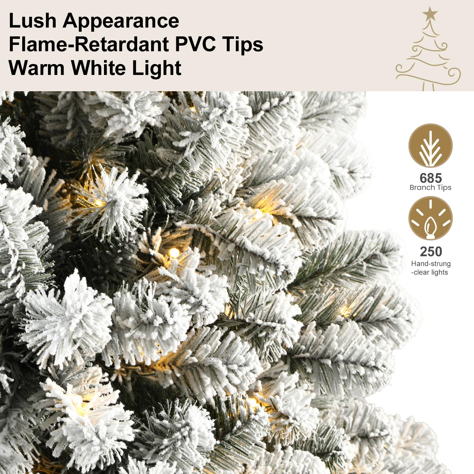 SHareconn Albero di Natale Artificiale 210cm Pre-Illuminato Slim con 250 Luci LED Bianco Caldo, Rami PVC ad Cerniera Innevate & Base Metallica, Albero Pencil Space Saving per Decorazione Casa Ufficio