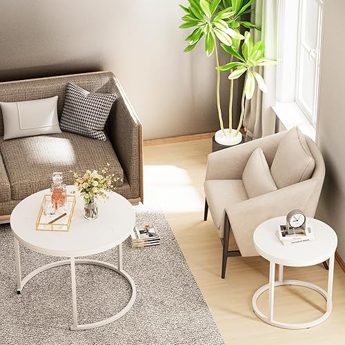 Miniatura 4 de Garden 4 you Mesa auxiliar anidable, mesa auxiliar redonda de 23.6 pulgadas, juego de 2 mesas anidables de madera con marco de metal, mesas