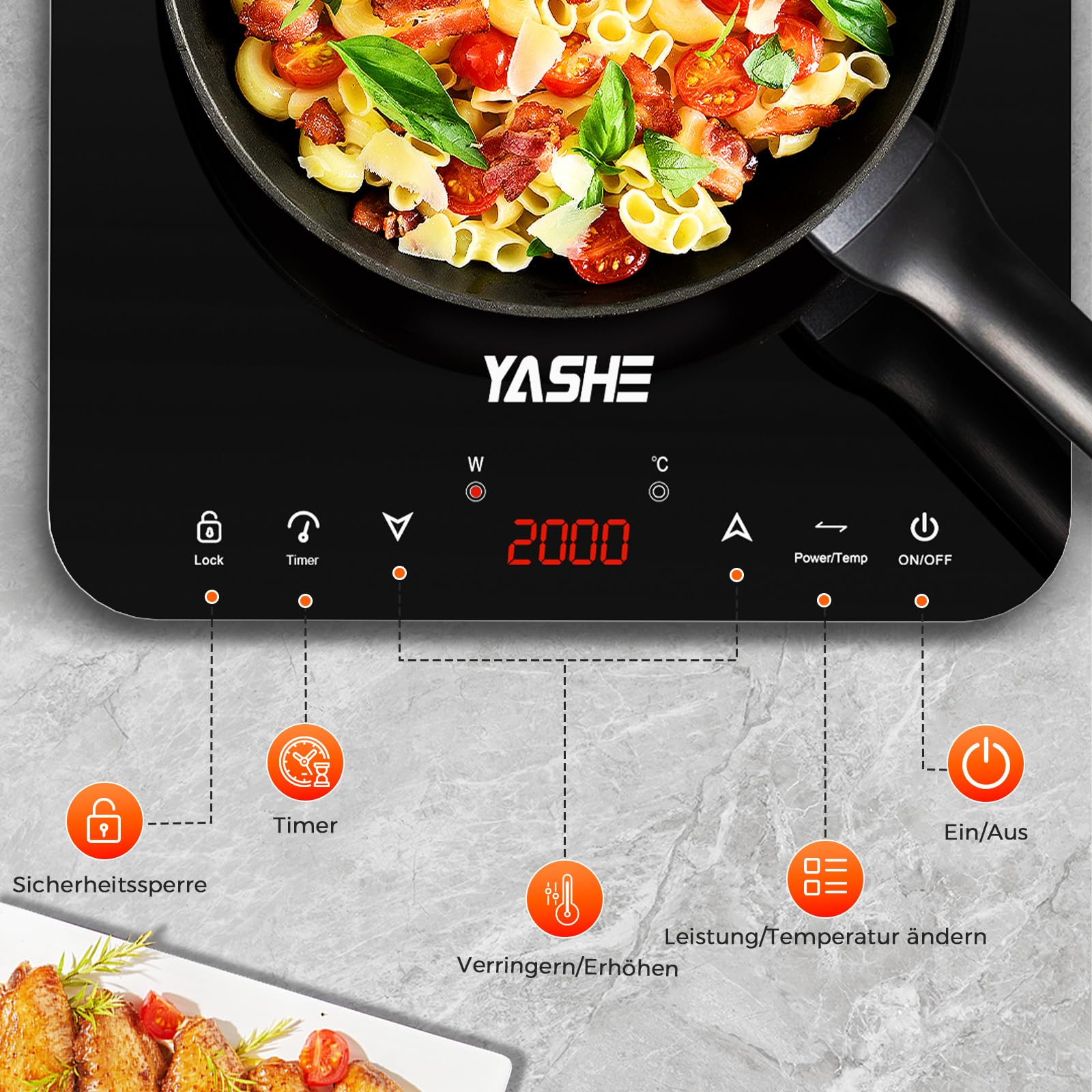 YASHE Induction Hob 2000W 1 Plate 10 Power Settings Timer Safety Lock