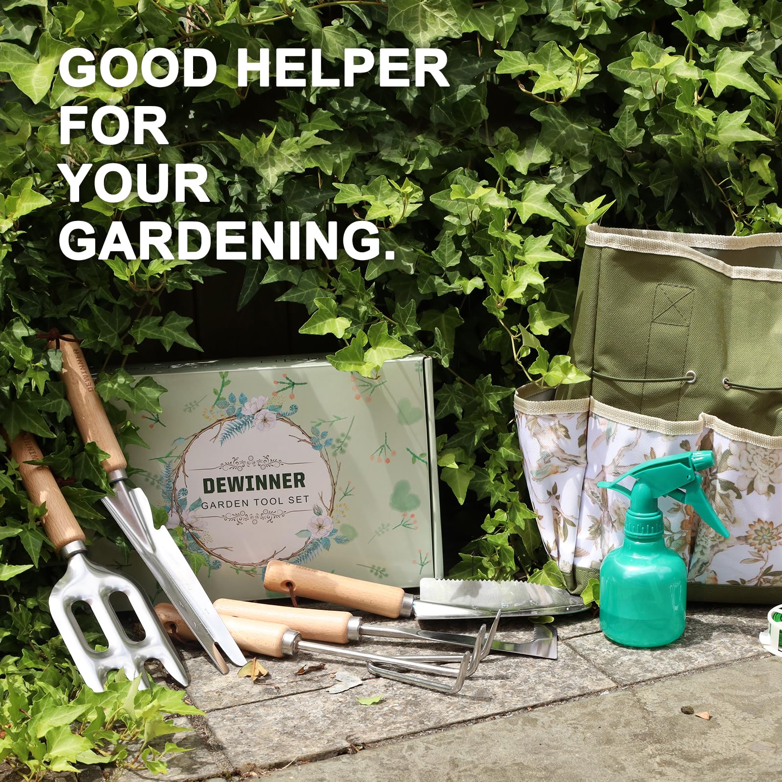 DEWINNER Set Di Attrezzi Da Giardinaggio, 12 Pezzi Kit Giardinaggio Con Manico in Legno Antiscivolo, In Acciaio Inox, Per Esterni Attrezzi Da Giardino, Strumenti Da Giardinaggio per Donne E Uomini