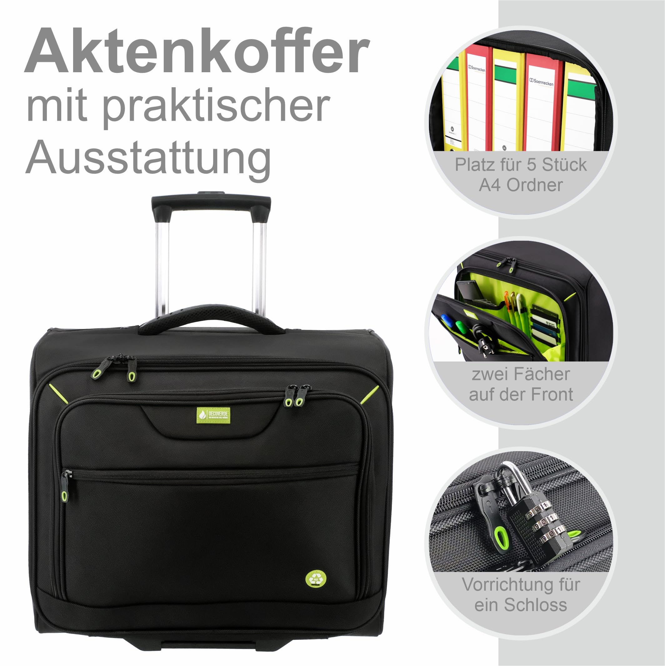 Aktenkoffer mit Rollen – XL Aktenkoffer Trolley aus recyceltem Polyester (rPET) für 5 A4 Aktenordner, Pilotenkoffer Business, schwarz