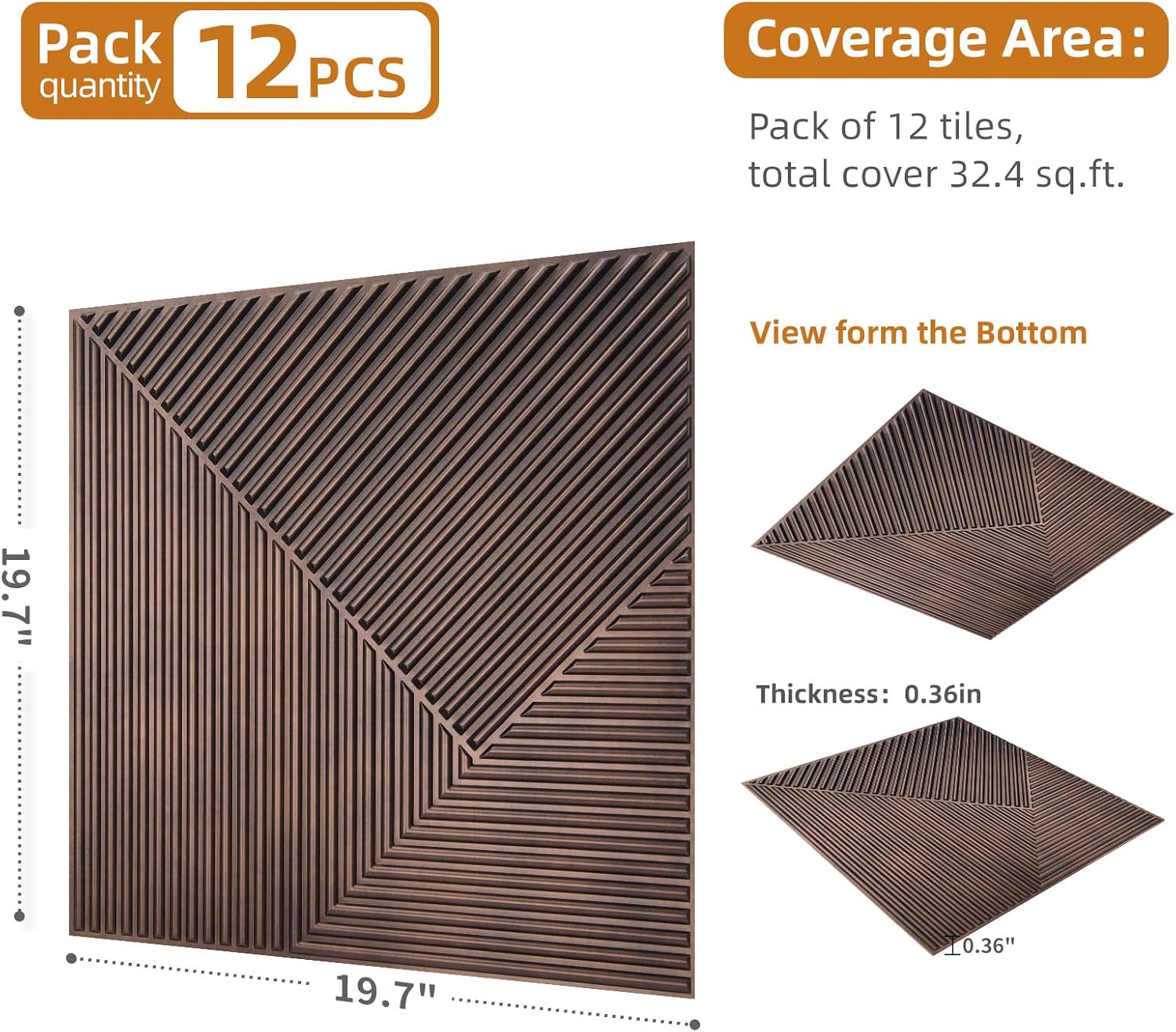 WOWSTAR 12-Pack 3D Wall Panels 19.7" x 19.7", Antique Copper Slat Wall Panels for Interior Wall Decor, Luxury Wall Covering for Living Room & Bedroom | 12-pack, 19.7"x19.7", Textured wall panels, accent wall covering, living room bedroom office
