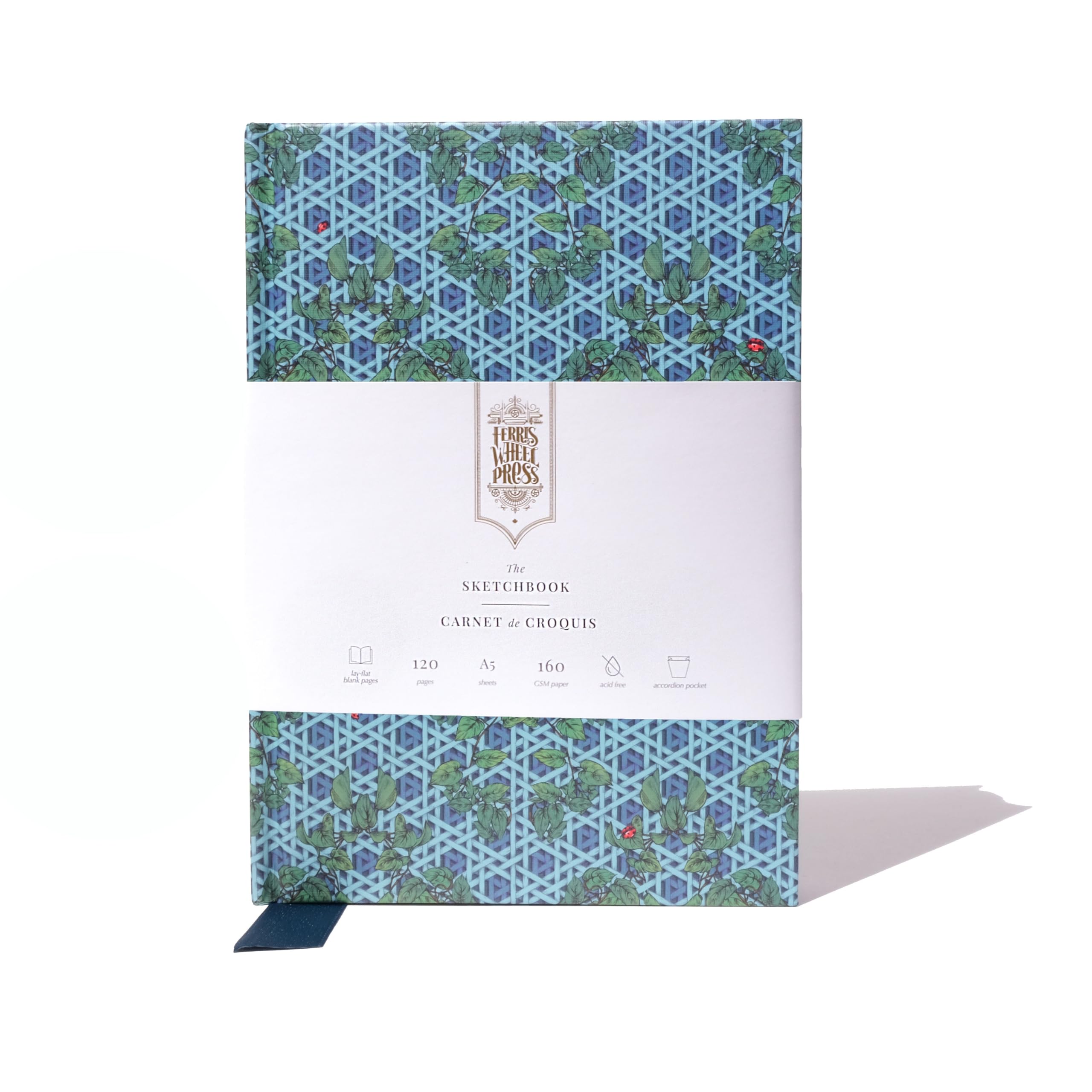 Ferris Wheel Press Enveloped in Rattan, Teal, A5 sized, 120 Lay-Flat Blank Pages, 160gsm Brilliant White Acid-Free Paper