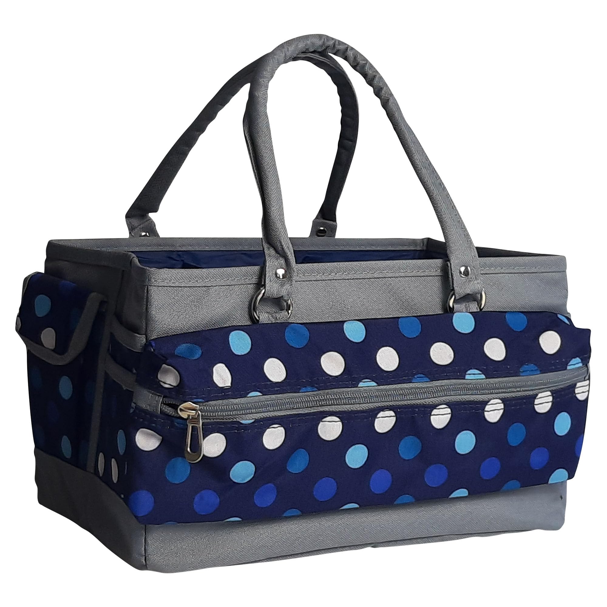 Stylowa torba na przybory do rękodzieła, granatowa w kropki – składana torba z przegrodami do szycia, scrapbookingu, rękodzieła papierowego i sztuki – PT900-NAVY-POLKA