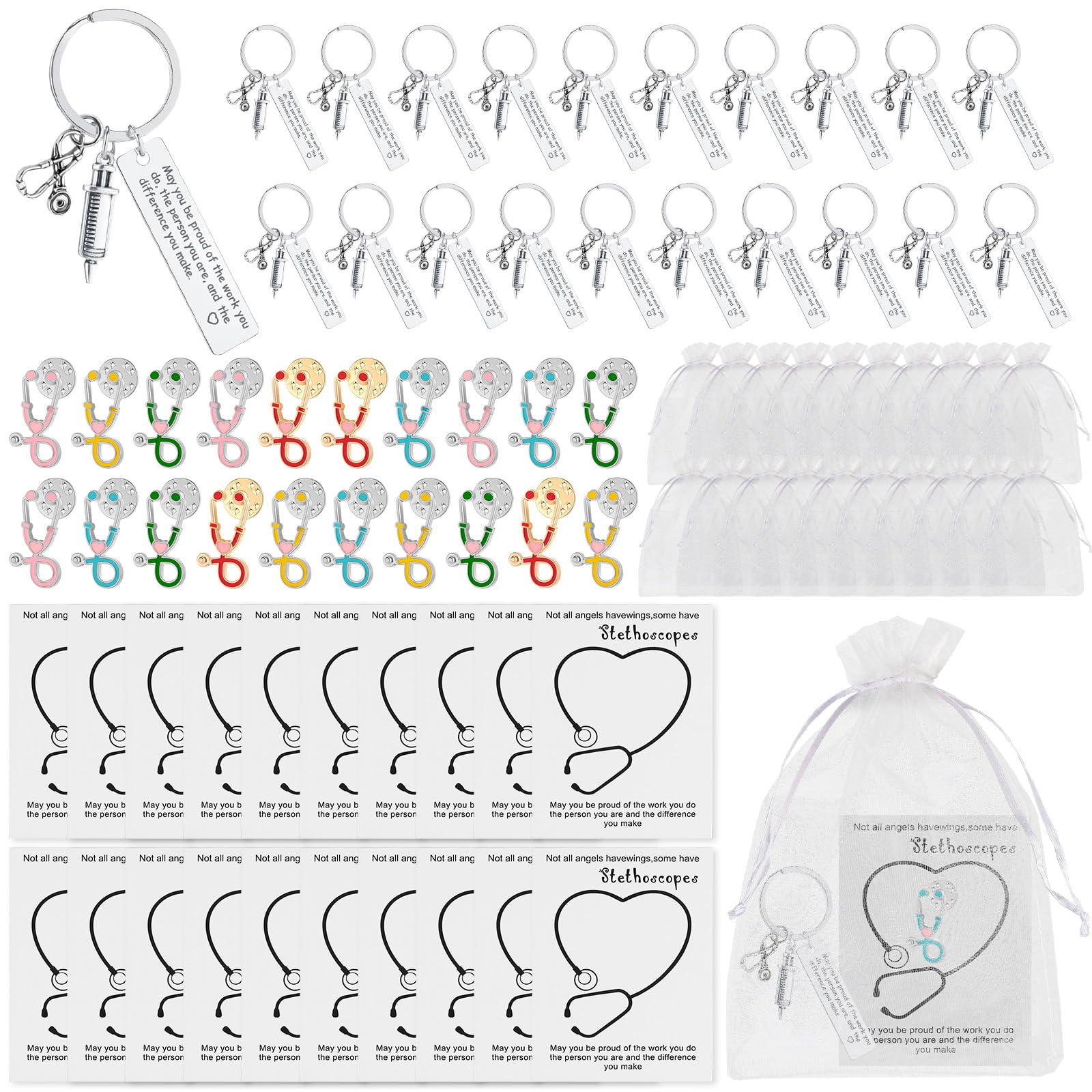 20 Sets Nurse Thank You Appreciation Gifts 20 Nurse Keychains 20 Stethoscope Pins 20 Thank You Cards 20 Organza Bags