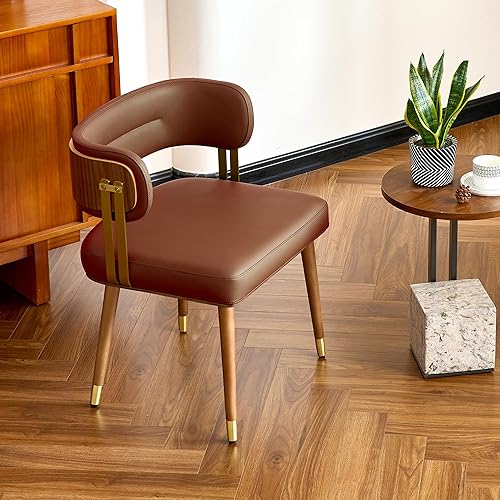 Miniatura 2 de ARTPLAN Silla de comedor de cuero de nogal, moderna silla de cocina tapizada con cojín de espuma de alta resistencia, marco dorado de acero