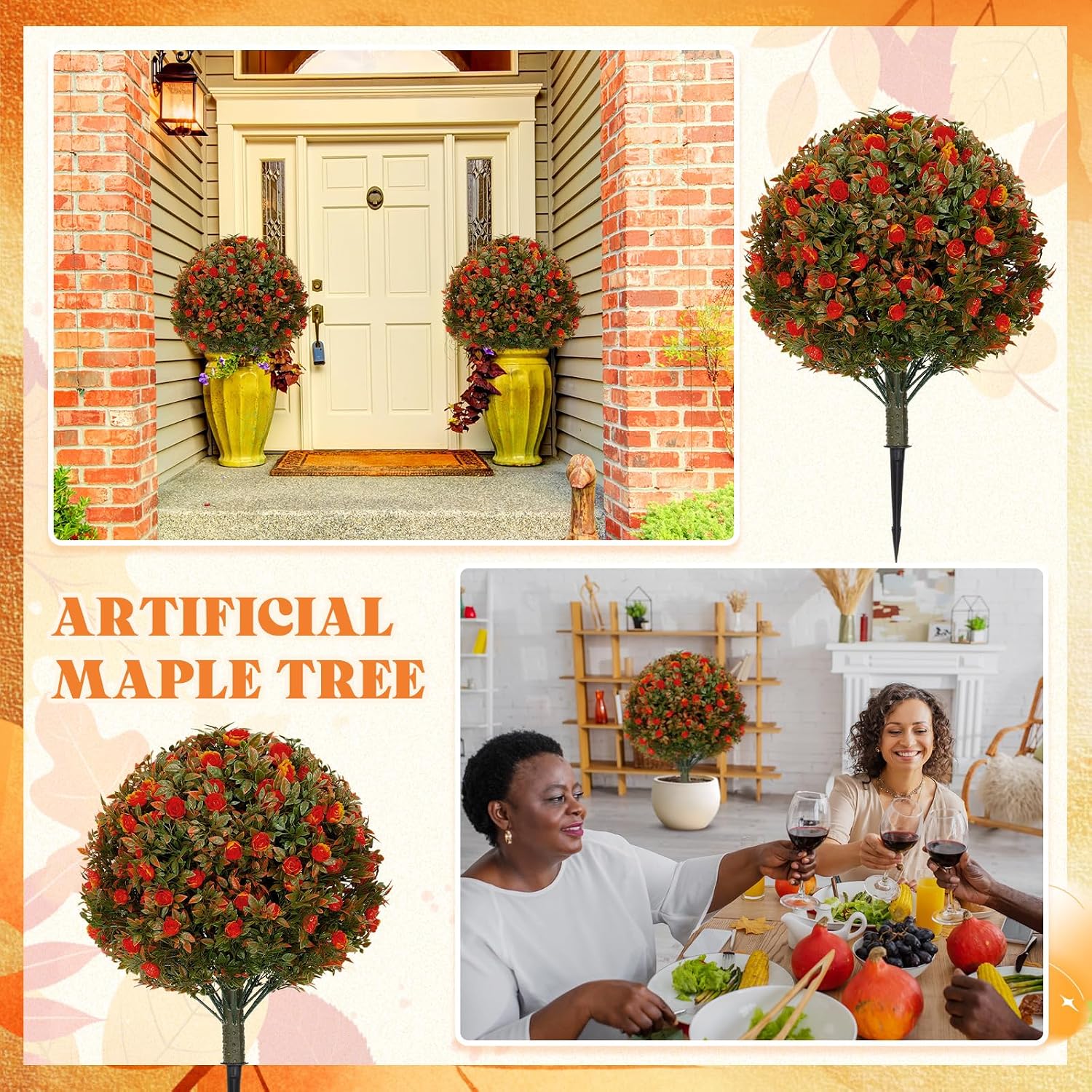 Lunmon 2 Pack 24" Artificial Topiary Ball Plant Trees Outdoor,Orange,Rose