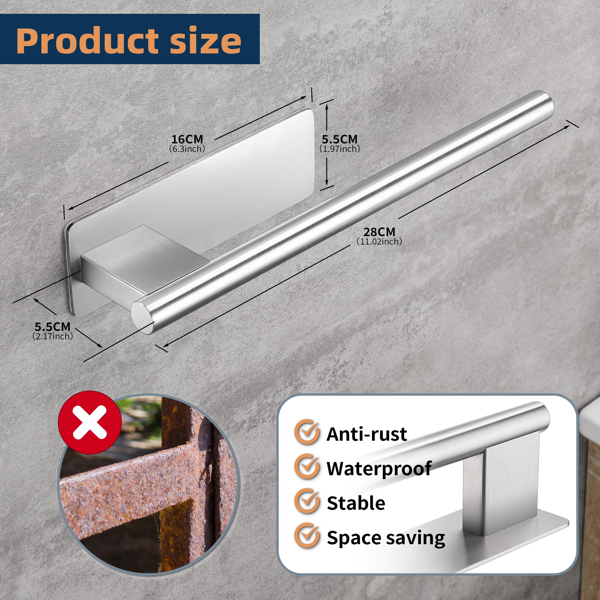 Porta Asciugamani Bagno Adesivo, Portasciugamani Adesivo Bagno, Porta Salviette da parete per Cucina in Acciaio Inox, Argento, 22CM