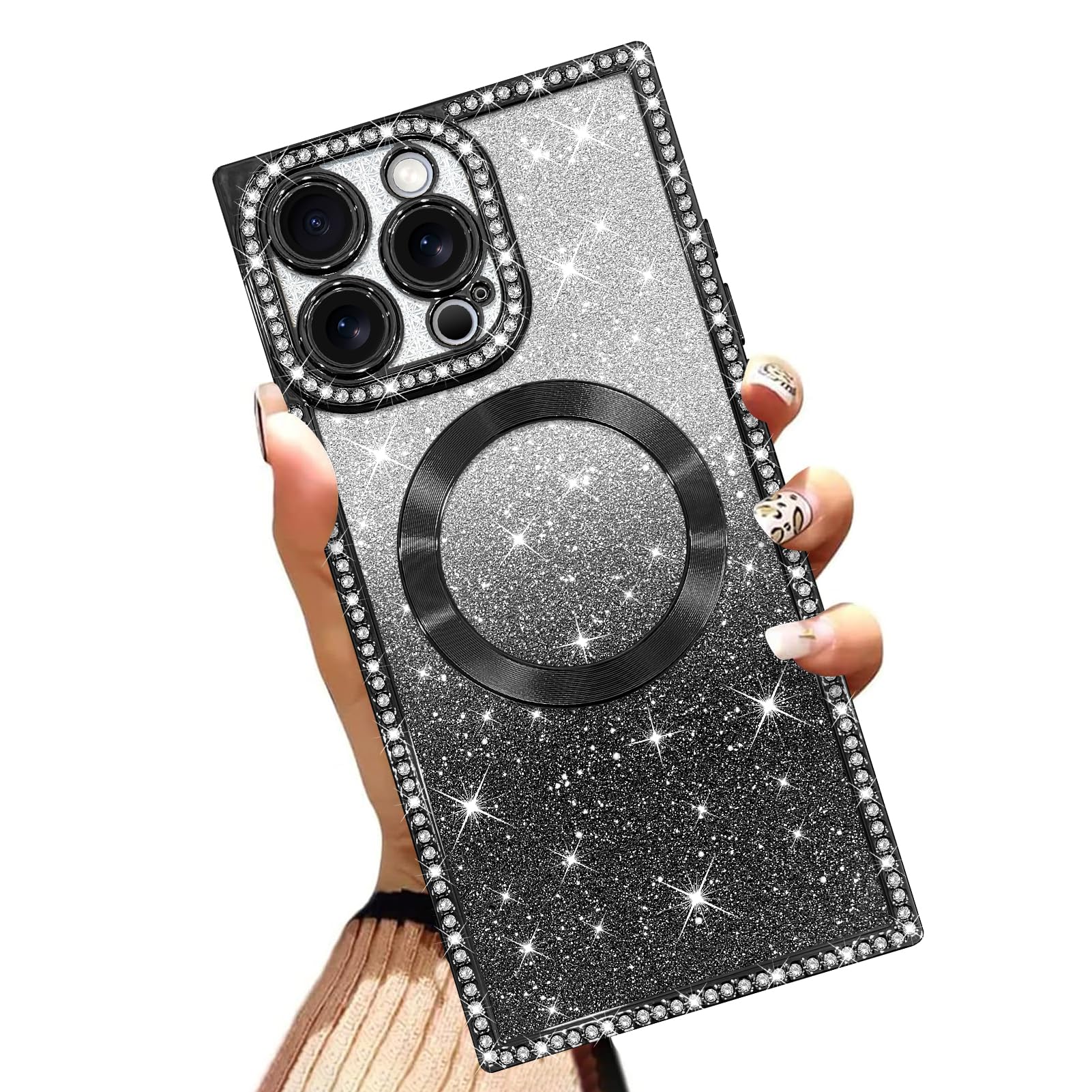 AIGOMARA Magnetic Case for iPhone 16 Pro 6.3 Inch [Compatible with MagSafe] Soft TPU Glitter Bling Phone Cover with Diamond Rhinestones Reinforced