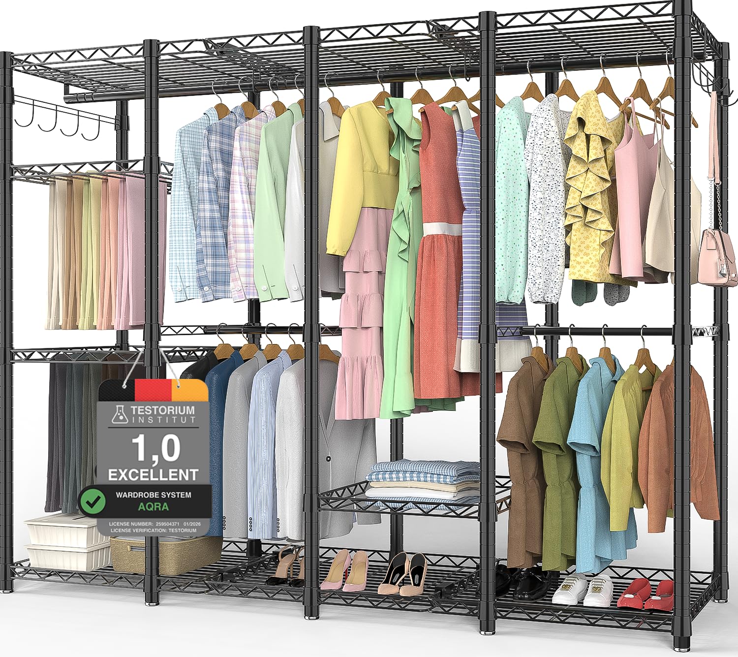 AQRA Clothes Rail for Bedroom, 600KG Heavy Duty Clothes Rail Hanger-Free Design, Open Wardrobe Metal for Hanging Clothes with Adjustable Shelves 4 Assembly Ways, Clothes Rack 193.5W×43.5D×195H (Black)