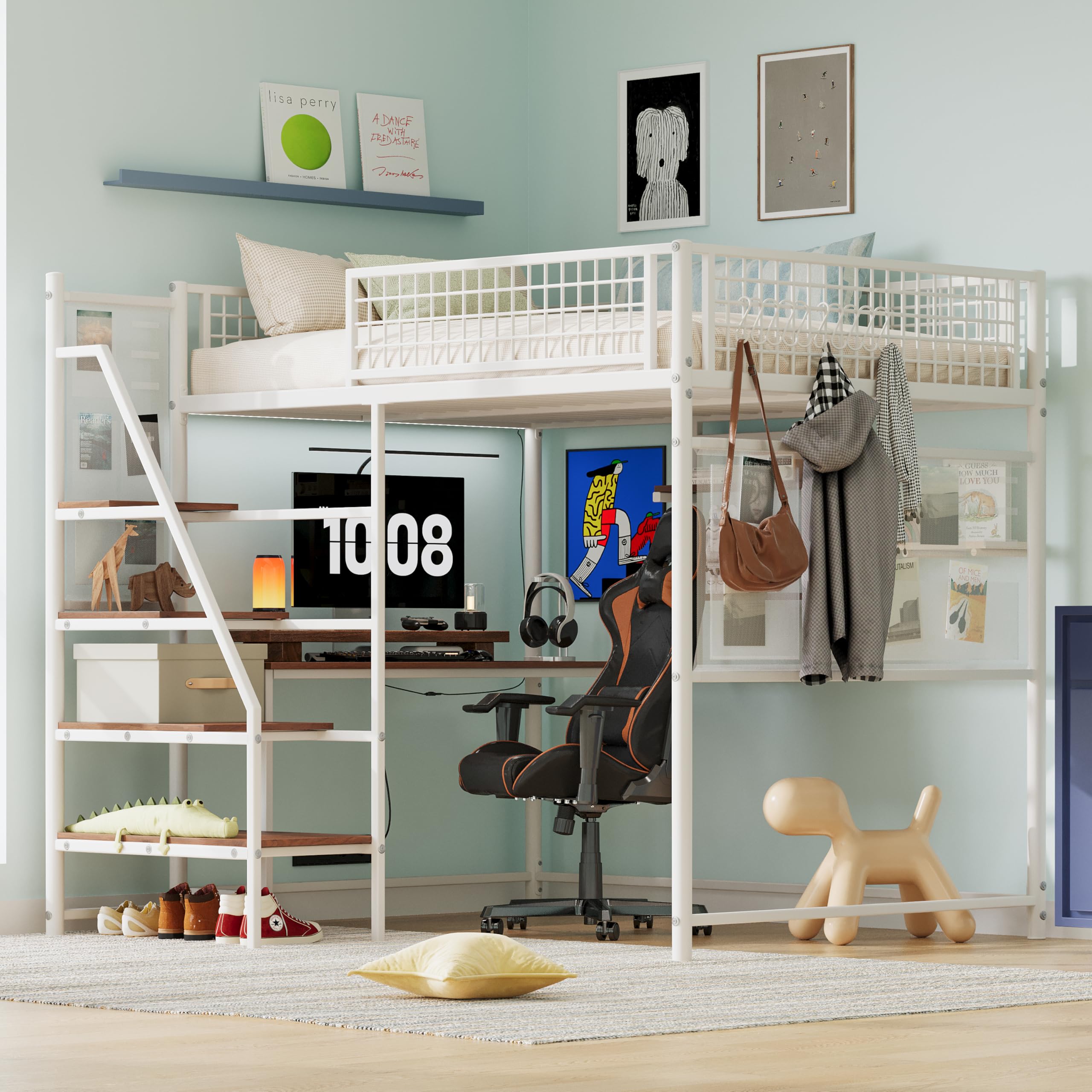 KEIKI Full Sized Loft Metal Bed with Desk and Stairs, Metal Loft Bed Frame, Heavy-Duty High Loft Beds with Built-in Charging Station and Lighting for