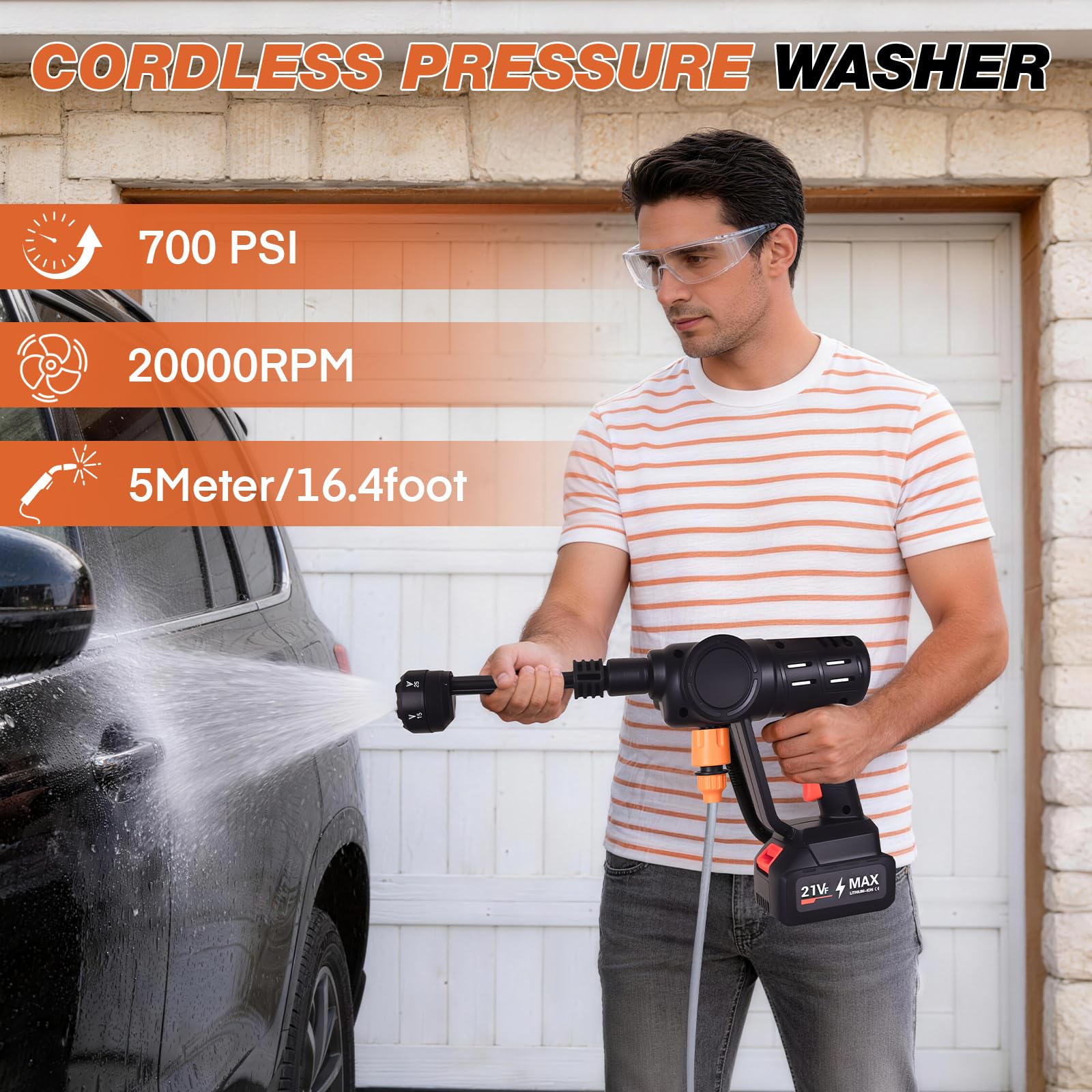 Cordless Pressure Washer 700psi, 4000mAh*2 Rechargeable Battery with 6-in-1 Adjustable Nozzle, Portable Power Washer Suitable for Cleaning Cars,Gardens, Floors — view 2