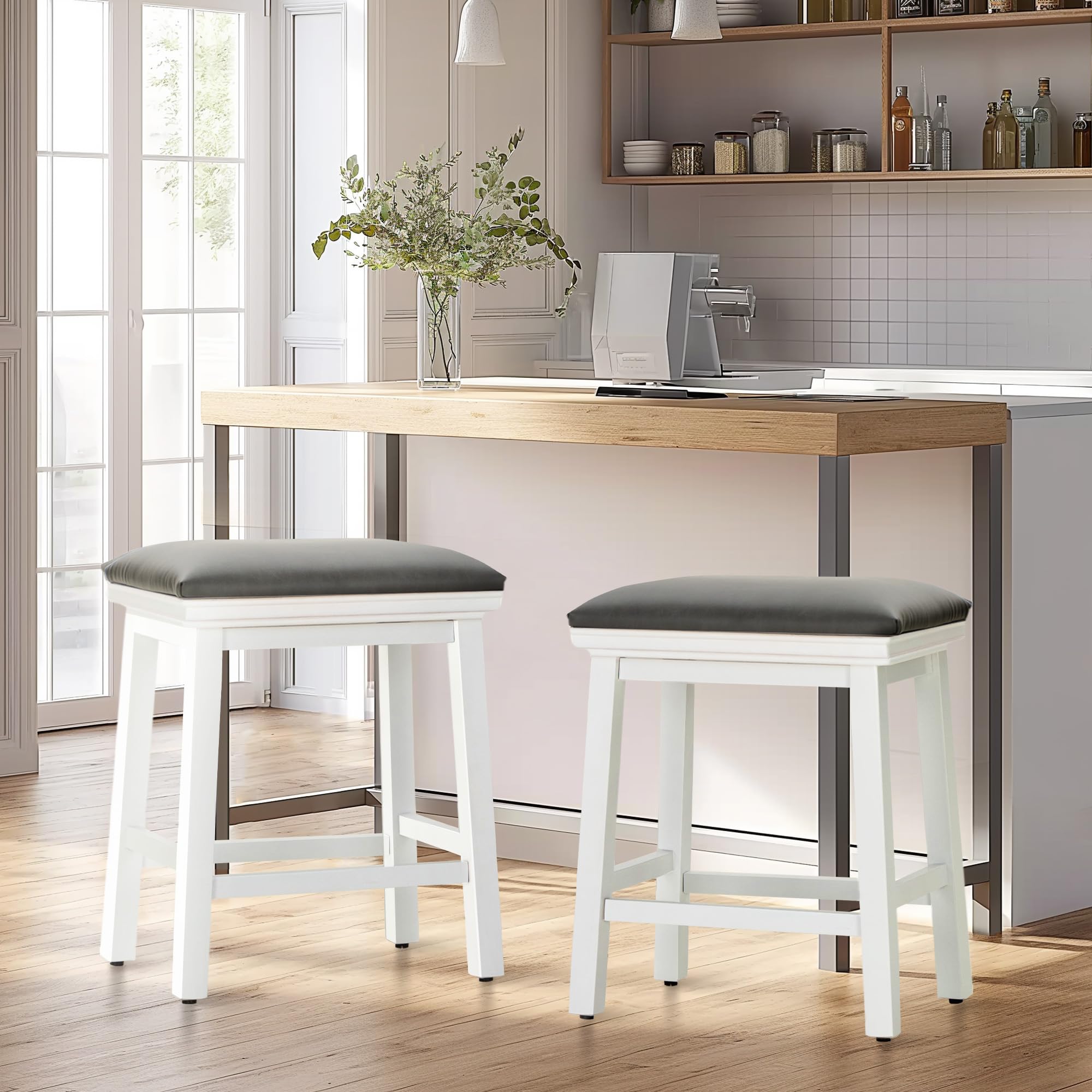 MAISON ARTS Counter Height 24 inch Bar Stools Set of 2 for Kitchen Counter Solid Wood Legs with Faux Leather Padded Seat Farmhouse Barstools for 34"-
